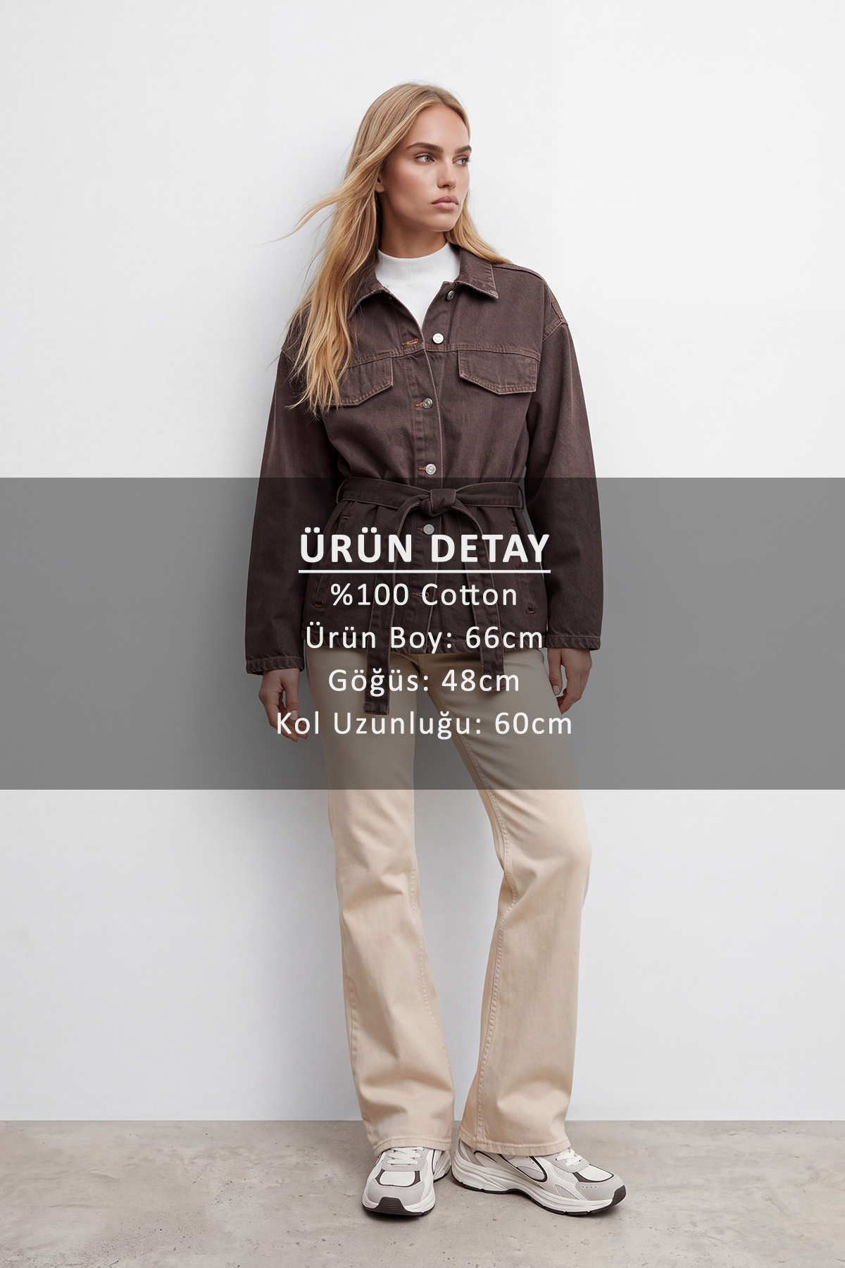 Kadın Kahverengi Kuşak Detaylı Çıtçıt Kapamalı Denim Ceket Alc-X15652