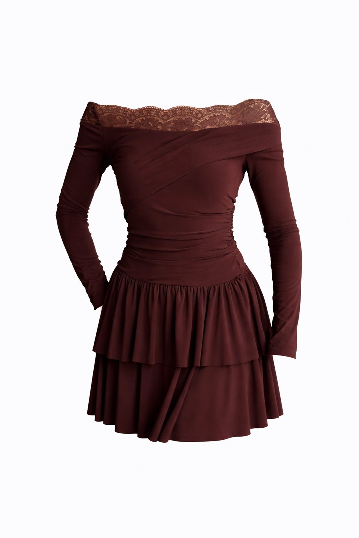 Kadın Kahverengi Madonna Yaka Dantel Detaylı Eteği Volanlı Sandy Elbise Alc-X15194