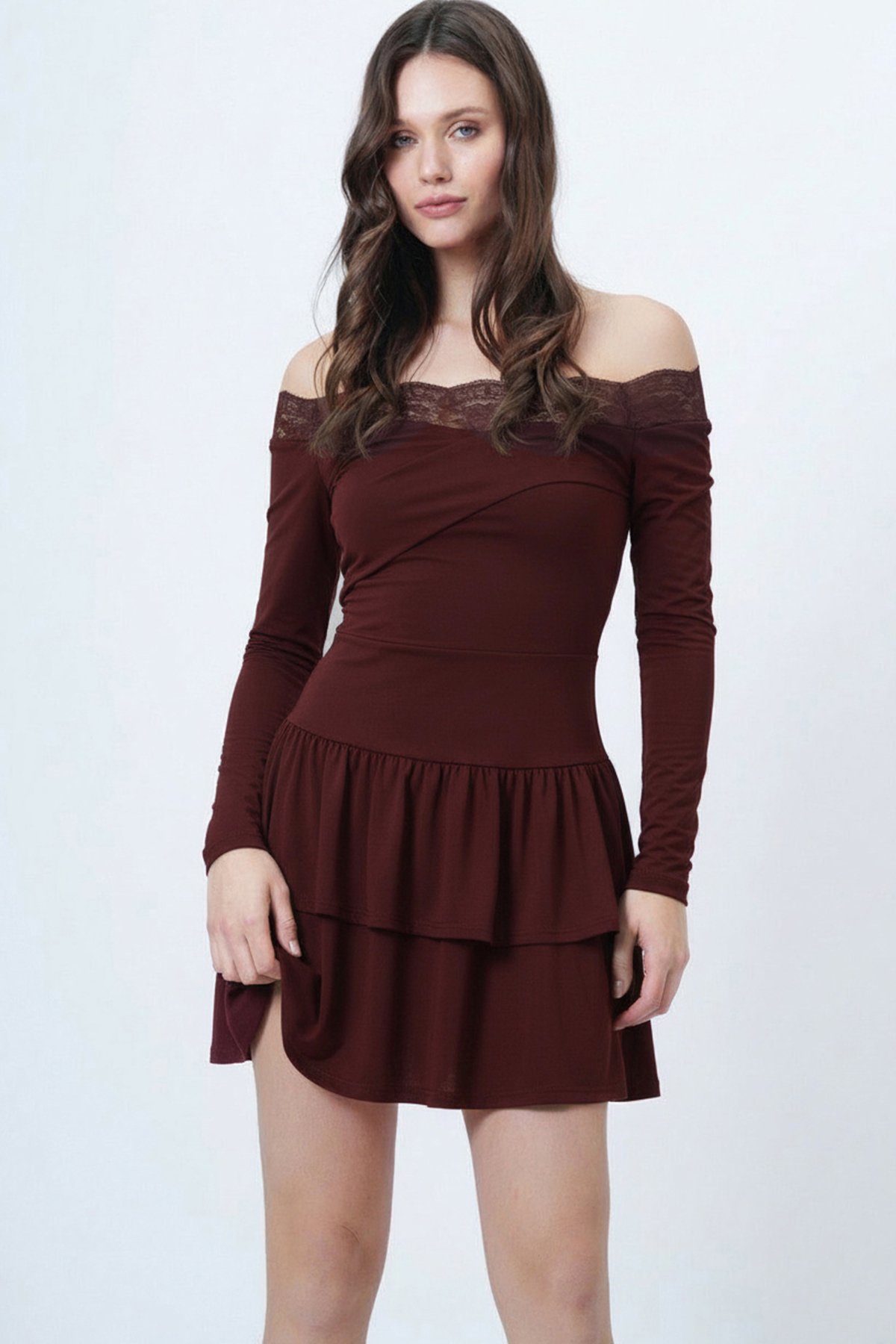 Kadın Kahverengi Madonna Yaka Dantel Detaylı Eteği Volanlı Sandy Elbise Alc-X15194