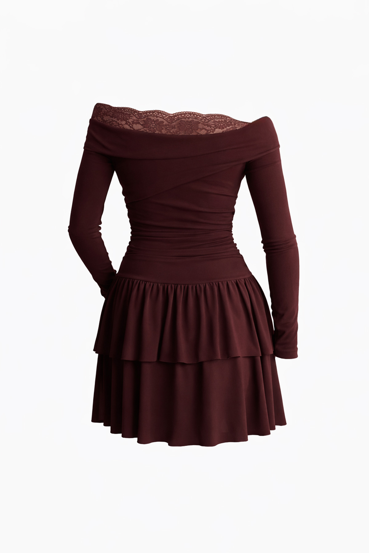 Kadın Kahverengi Madonna Yaka Dantel Detaylı Eteği Volanlı Sandy Elbise Alc-X15194