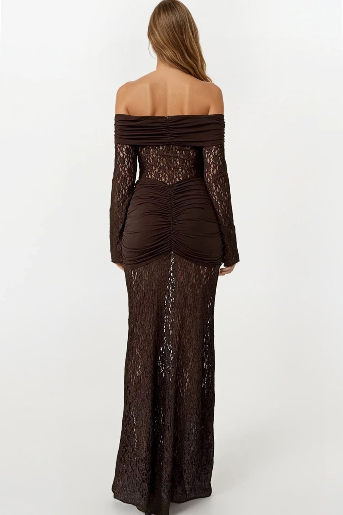 Kadın Kahverengi Madonna Yaka Danteli Maxi Boy Elbise Vs01695