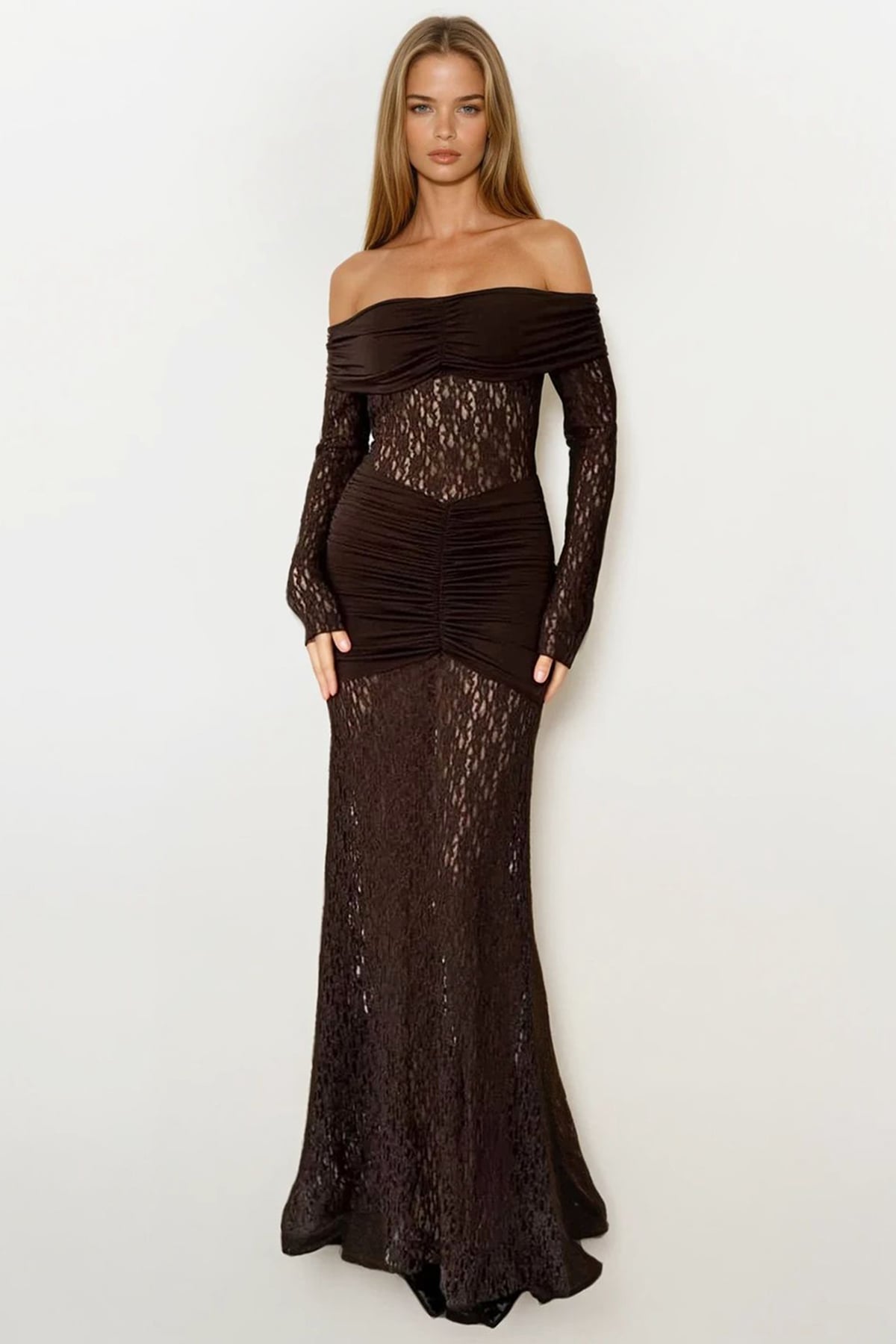 Kadın Kahverengi Madonna Yaka Danteli Maxi Boy Elbise Vs01695