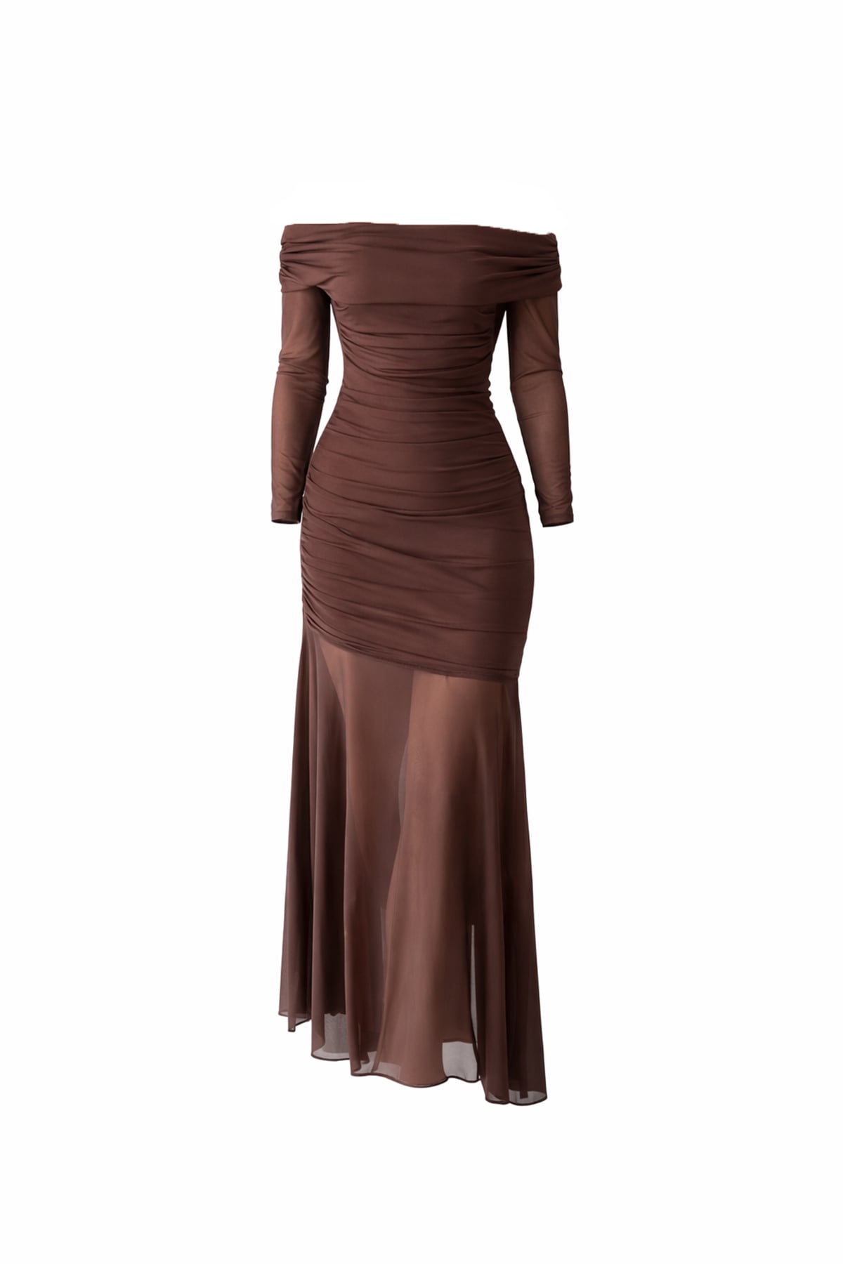 Kadın Kahverengi Madonna Yaka Drape Detaylı Eteği Ve Kolları Transparan Elbise Alc-X15337