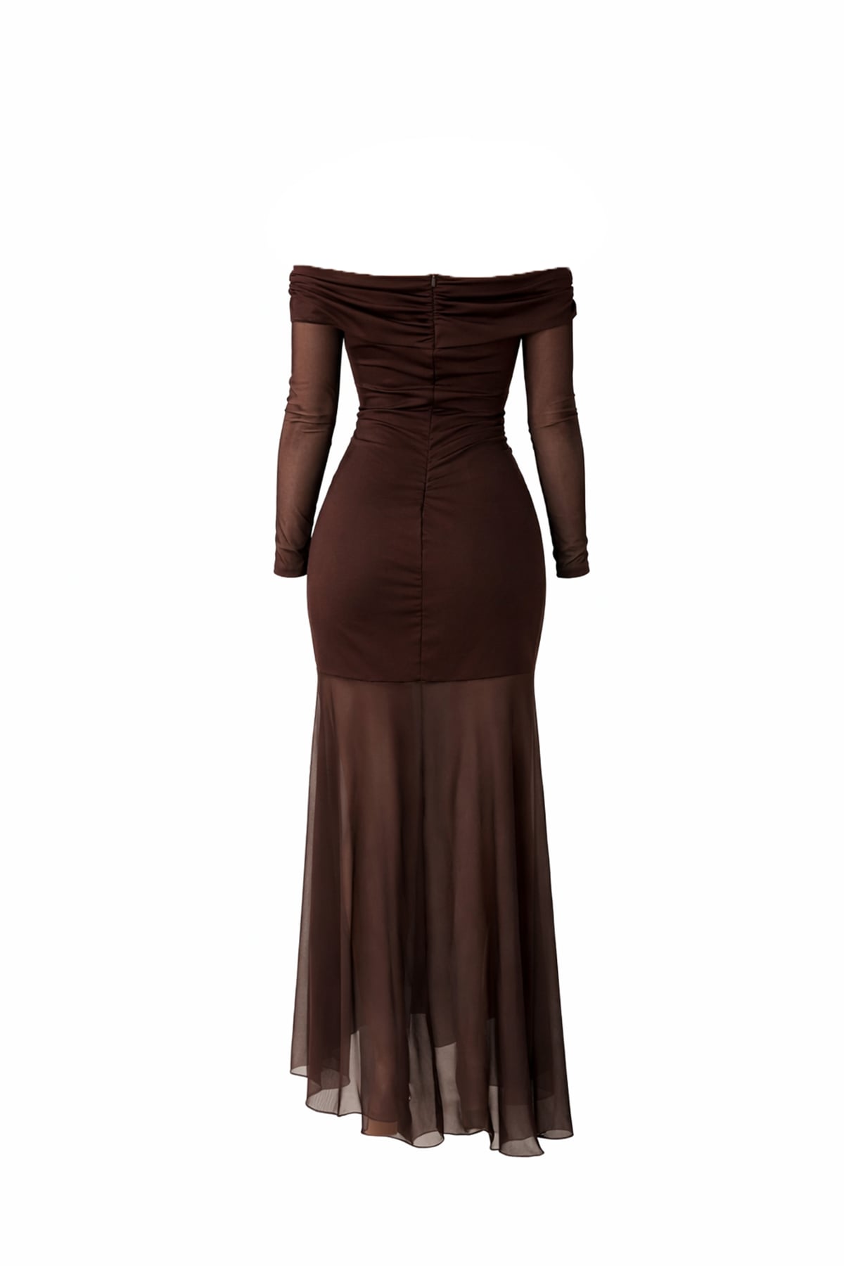 Kadın Kahverengi Madonna Yaka Drape Detaylı Eteği Ve Kolları Transparan Elbise Alc-X15337