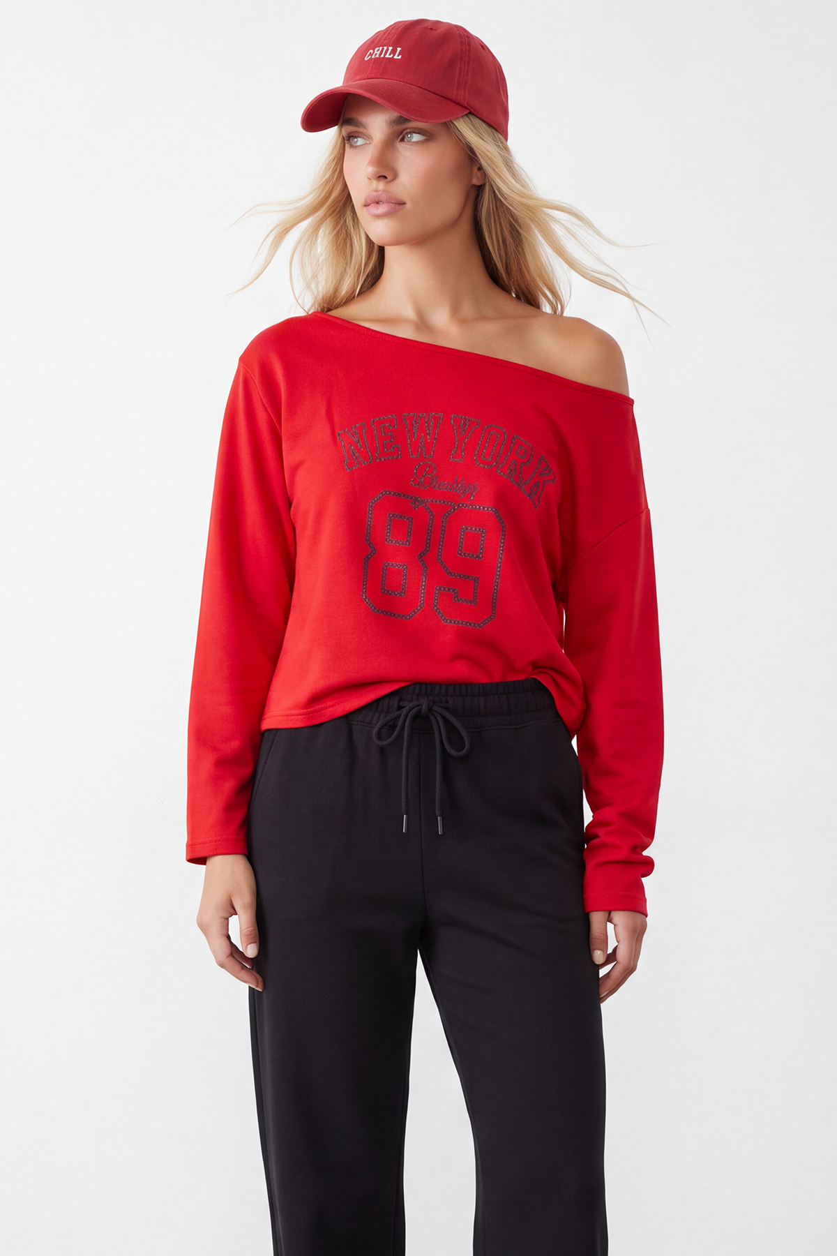 Kadın Kırmızı Kayık Yaka Baskılı Modal Sweatshirt Alc-X15731
