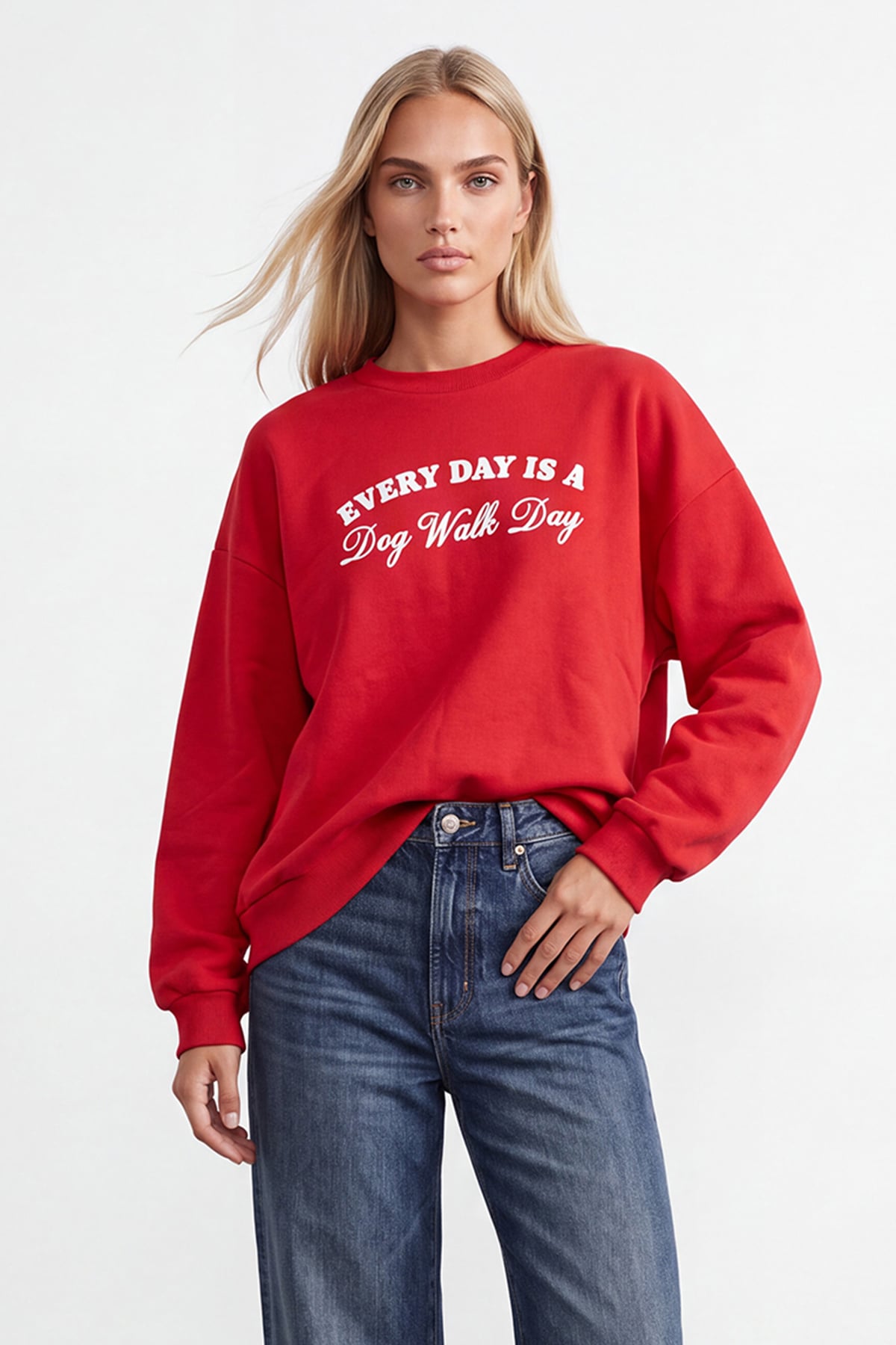 Kadın Kırmızı Ribanalı Bisiklet Yaka Baskılı Şardonlu Üç İplik Sweatshirt Alc-X15961