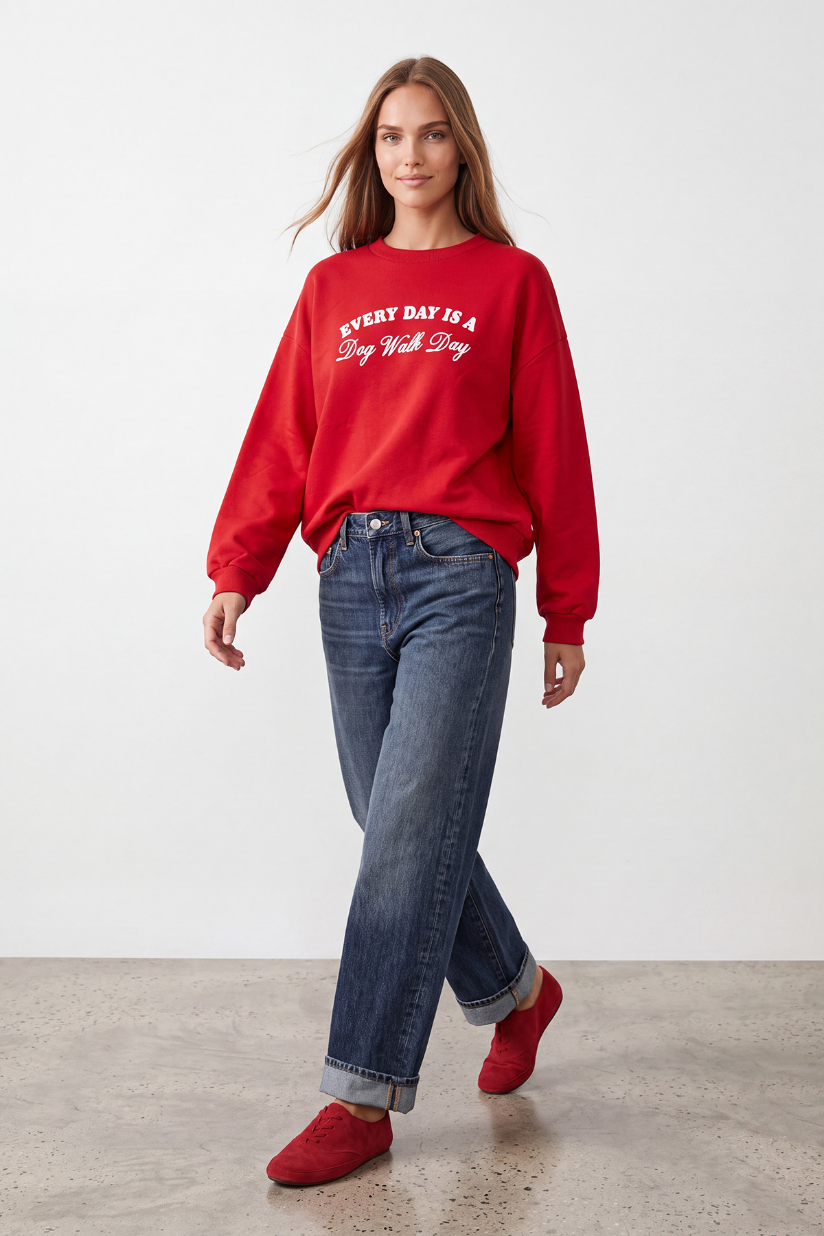 Kadın Kırmızı Ribanalı Bisiklet Yaka Baskılı Şardonlu Üç İplik Sweatshirt Alc-X15961