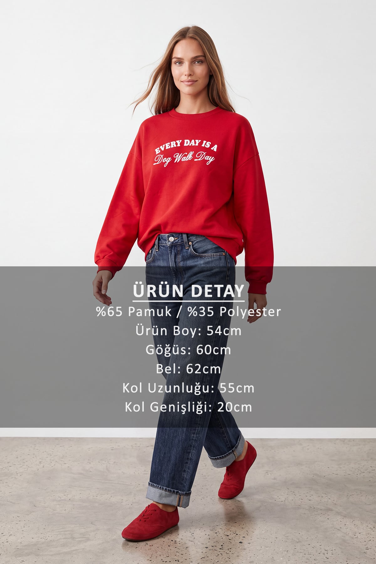 Kadın Kırmızı Ribanalı Bisiklet Yaka Baskılı Şardonlu Üç İplik Sweatshirt Alc-X15961