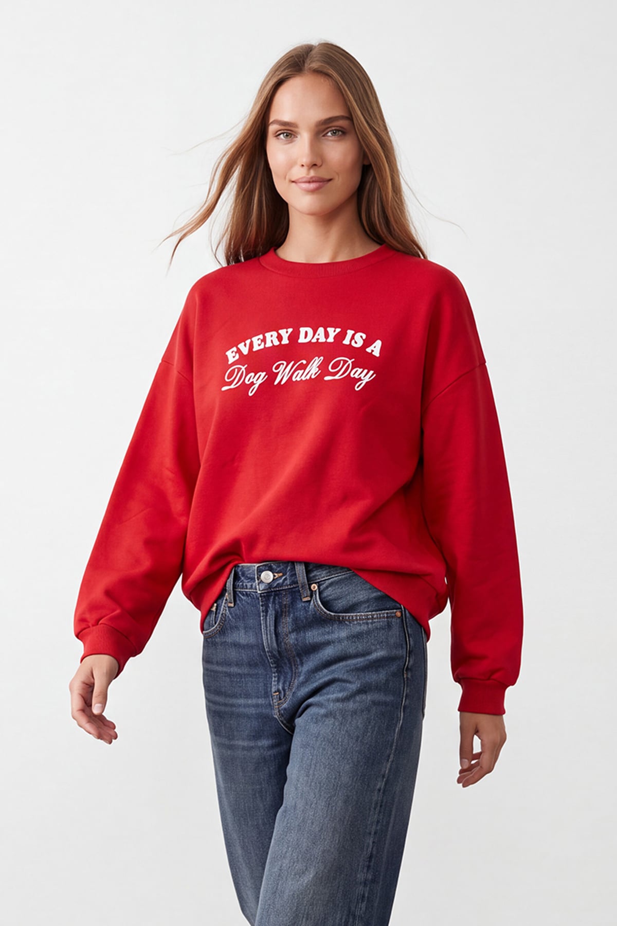 Kadın Kırmızı Ribanalı Bisiklet Yaka Baskılı Şardonlu Üç İplik Sweatshirt Alc-X15961