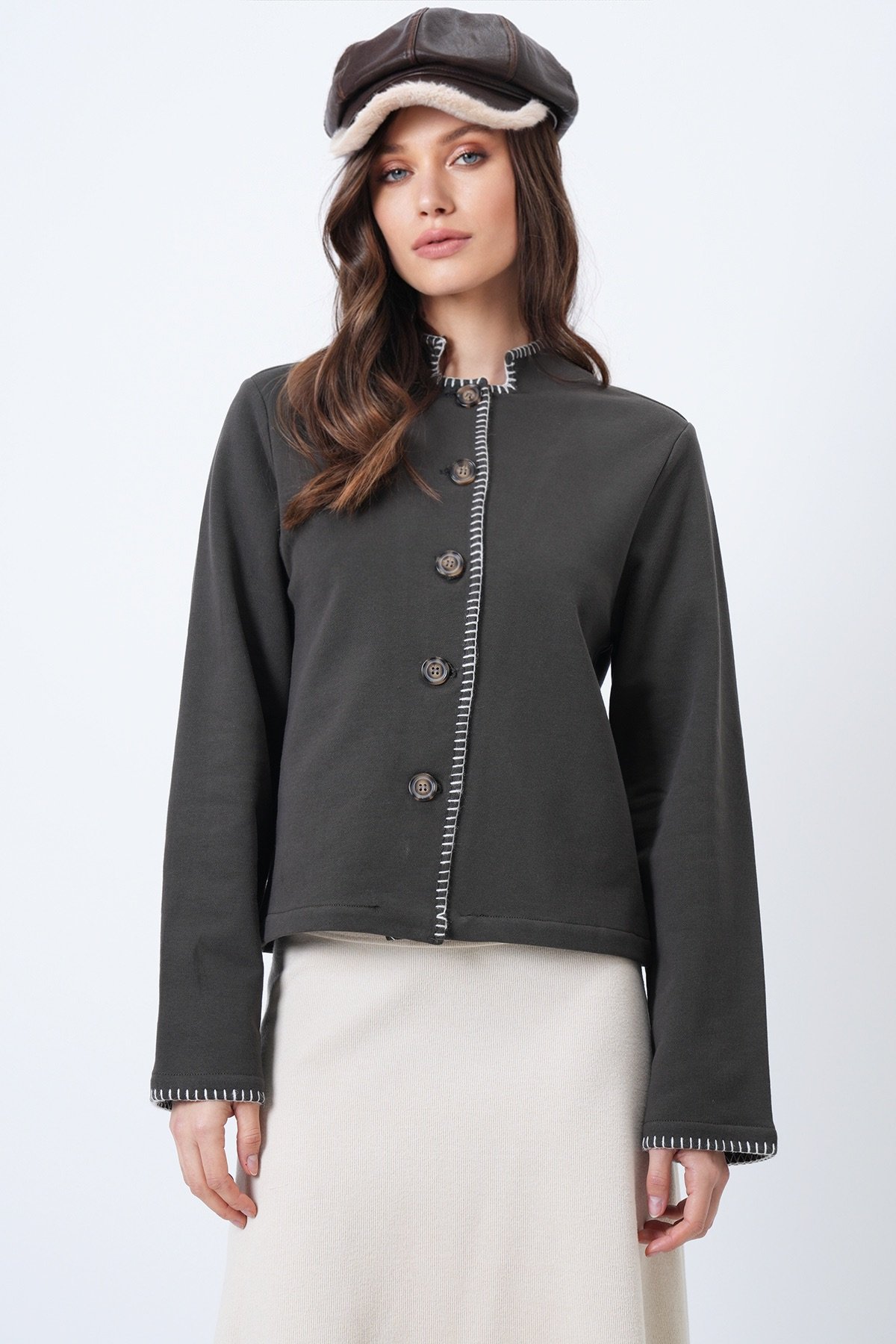 Kadın Koyu Kahve Hakim Yaka Çoban Dikişli Hırka Alc-X14726