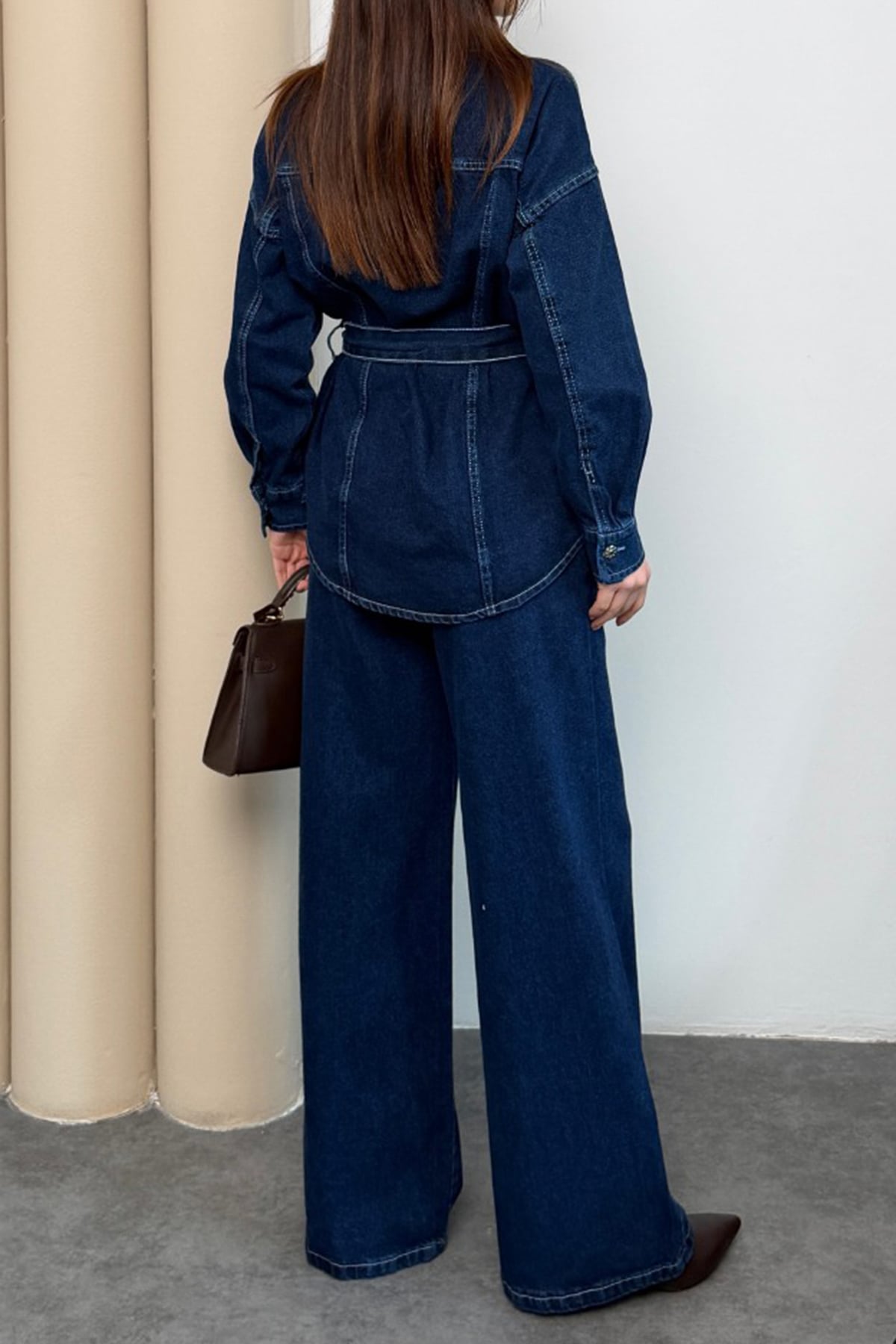 Kadın Koyu Mavi Beli Kuşaklı Jean Ceket Ve Palazzo Pantolon Takım Alc-X15321
