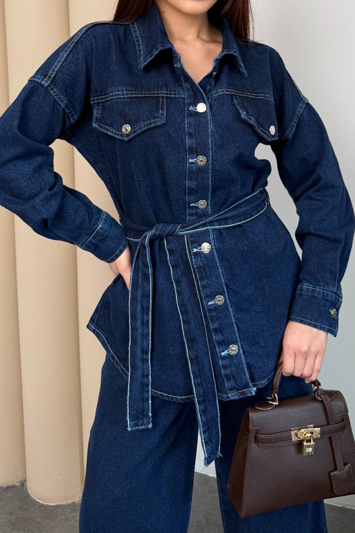 Kadın Koyu Mavi Beli Kuşaklı Jean Ceket Ve Palazzo Pantolon Takım Alc-X15321