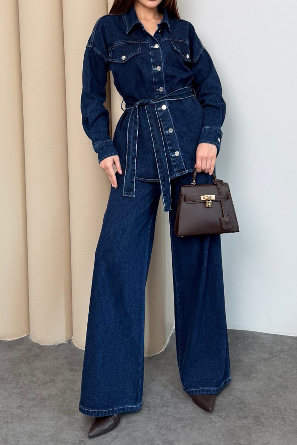 Kadın Koyu Mavi Beli Kuşaklı Jean Ceket Ve Palazzo Pantolon Takım Alc-X15321