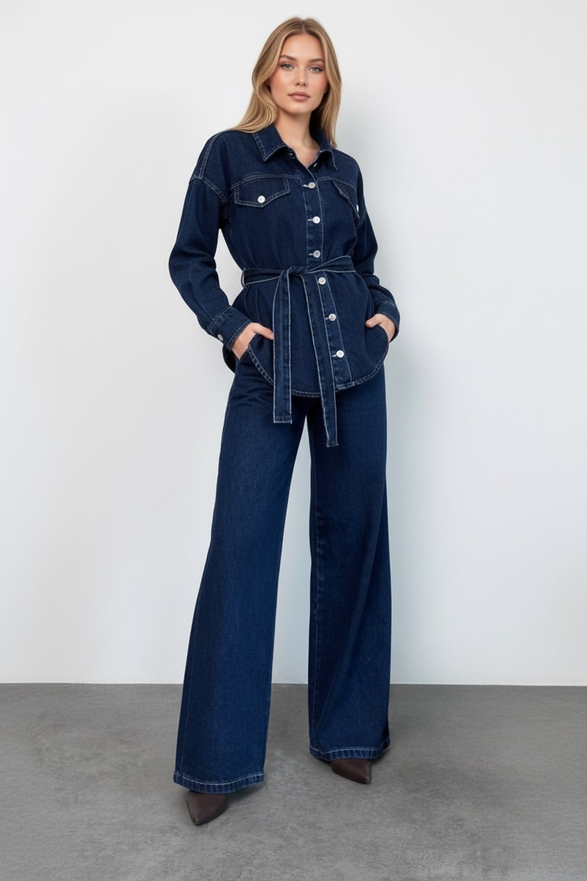 Kadın Koyu Mavi Beli Kuşaklı Jean Ceket Ve Palazzo Pantolon Takım Alc-X15321