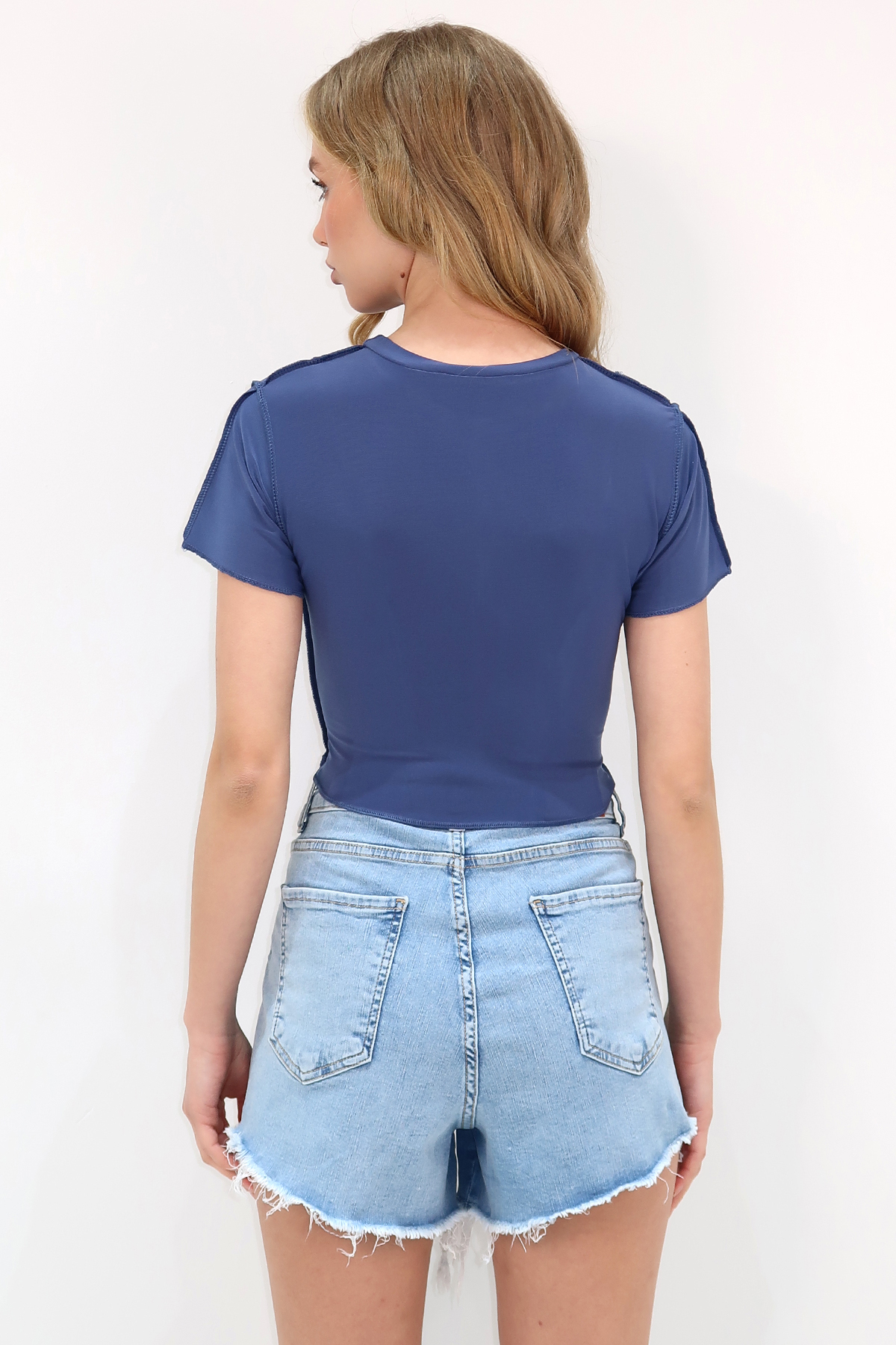 Kadın Koyu Mavi Bisiklet Yaka Önü Dikişli Crop Sandy Bluz Alc-X11782