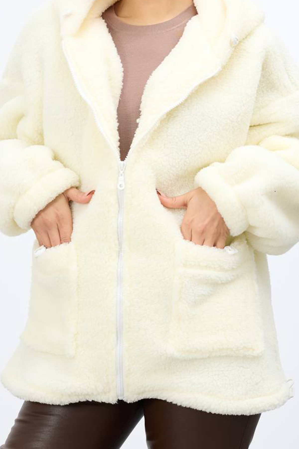 Kadın KREM Çift Cepli Fermuar Kapamalı Kapüşonlu Peluş Ceket VS01682