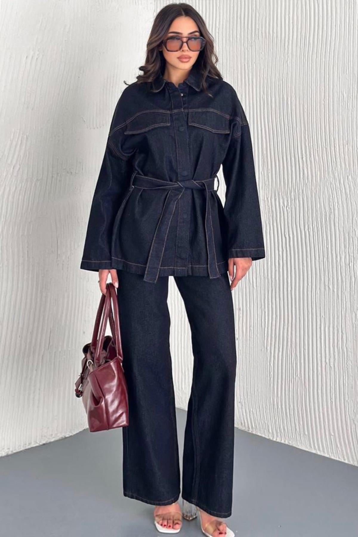 Kadın Lacivert Bağlamalı Gömlke Ve 5 Cepli Palazzo Pantolon Denim Takım Vs01637