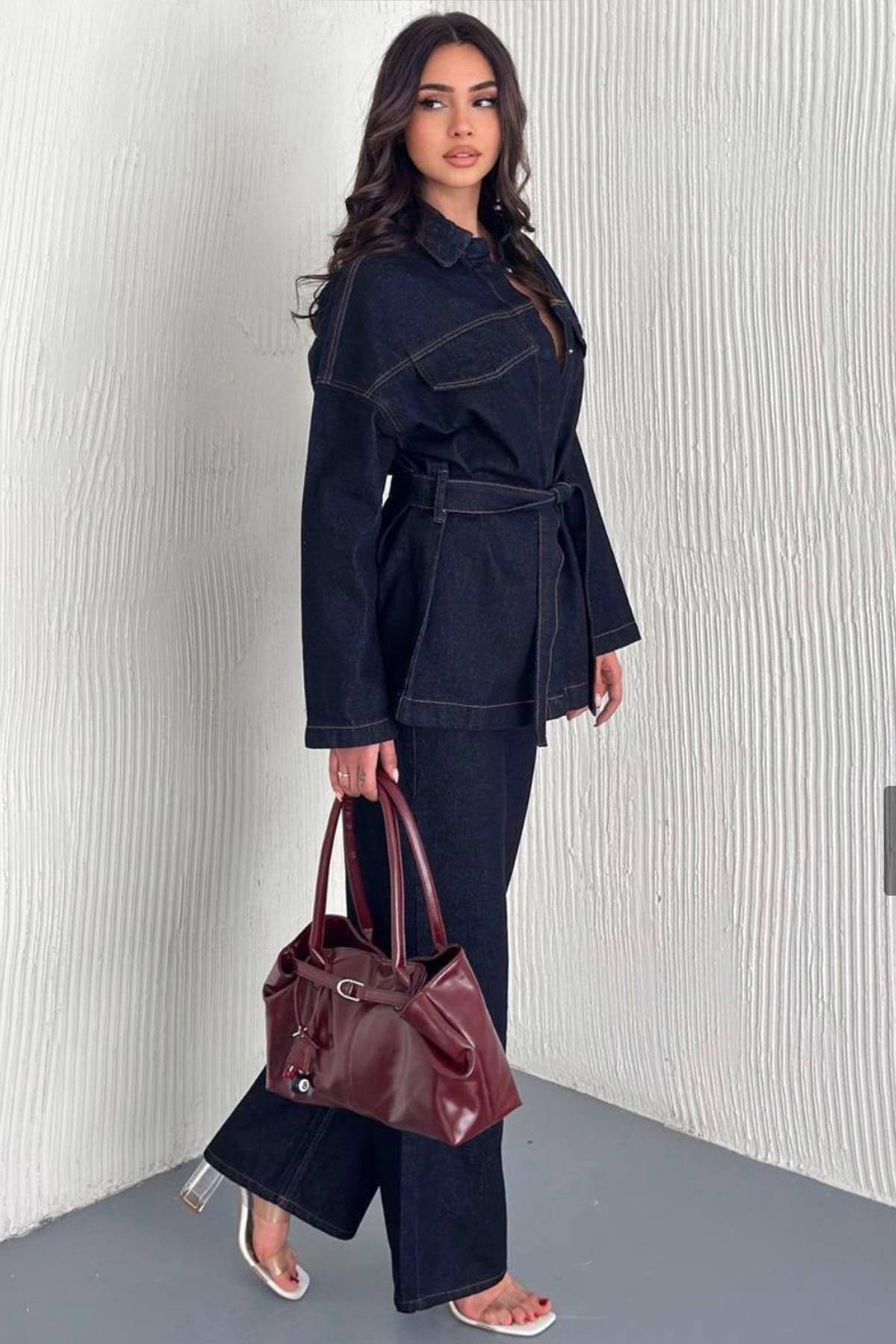 Kadın Lacivert Bağlamalı Gömlke Ve 5 Cepli Palazzo Pantolon Denim Takım Vs01637
