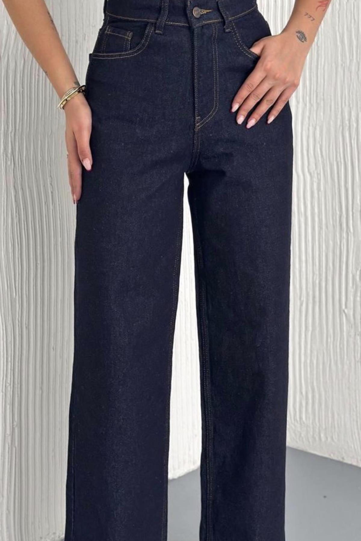 Kadın Lacivert Bağlamalı Gömlke Ve 5 Cepli Palazzo Pantolon Denim Takım Vs01637