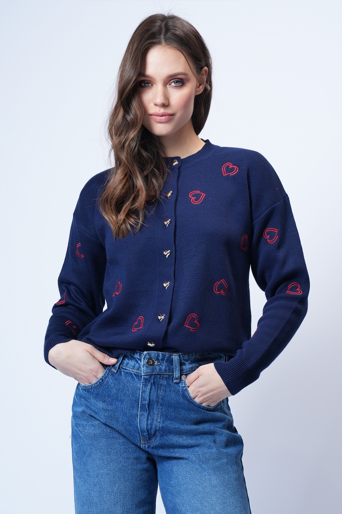 Kadın Lacivert Bisiklet Yaka Kalp Nakışlı Triko Hırka Alc-X14756