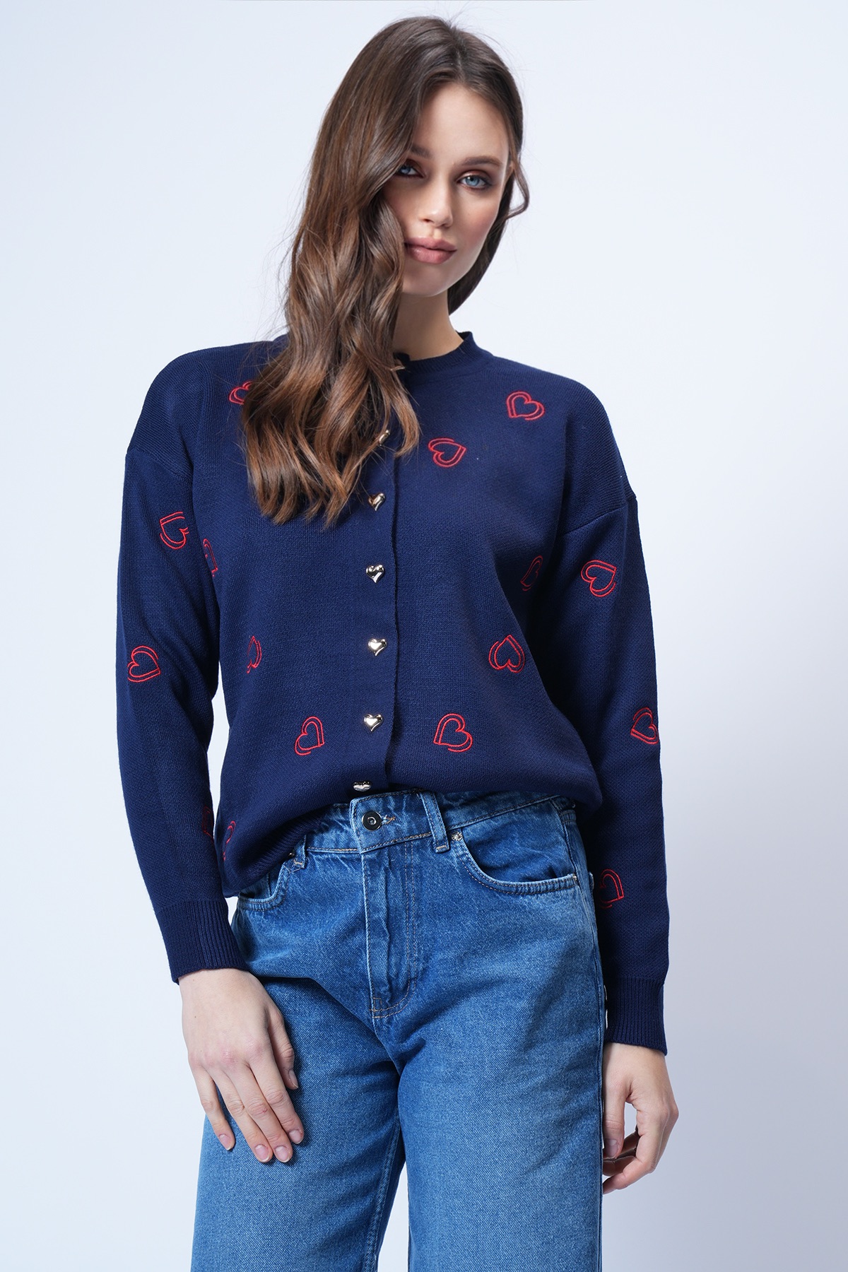 Kadın Lacivert Bisiklet Yaka Kalp Nakışlı Triko Hırka Alc-X14756