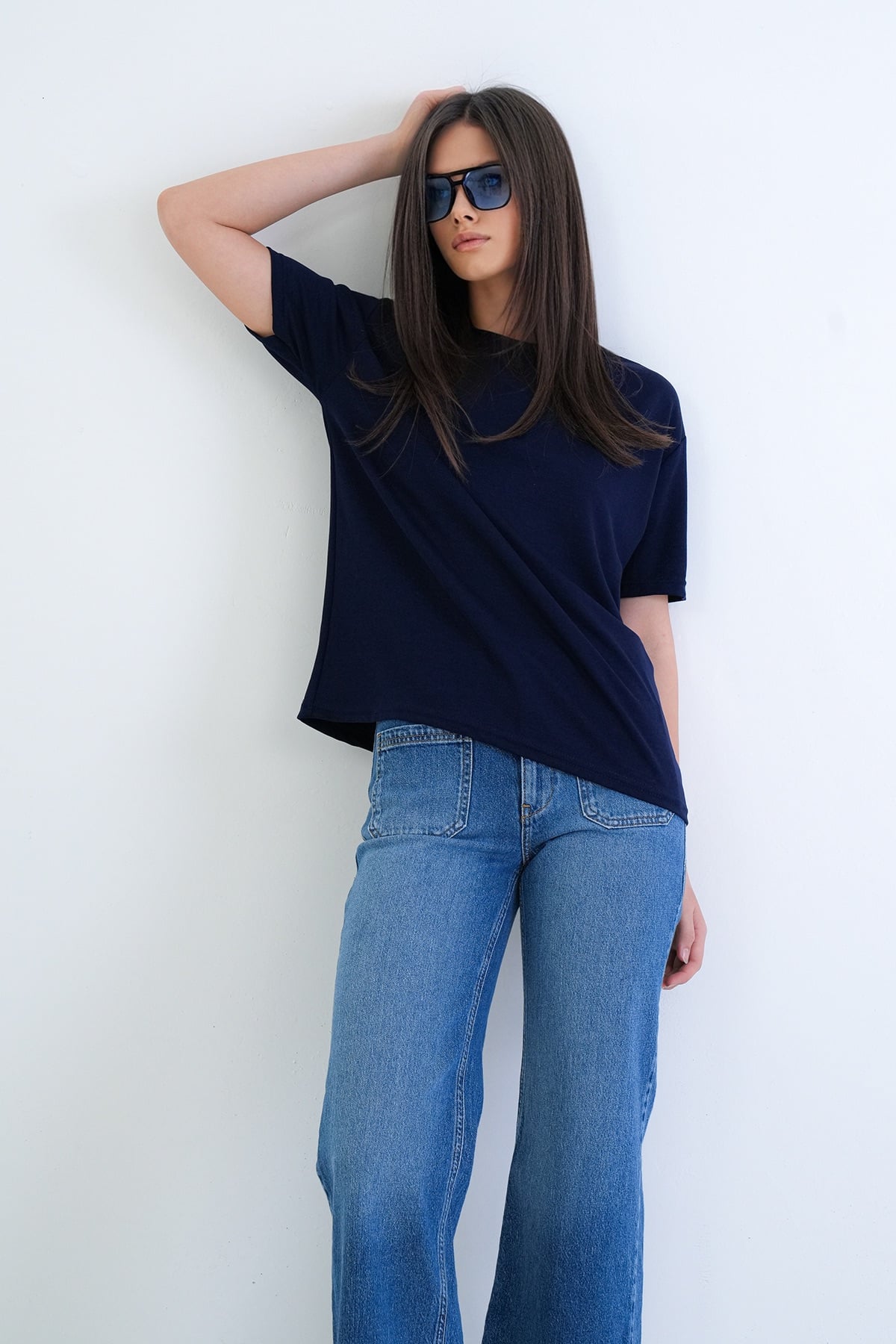 Kadın Lacivert Bisiklet Yaka Oversize T-Shirt Alc-X15262