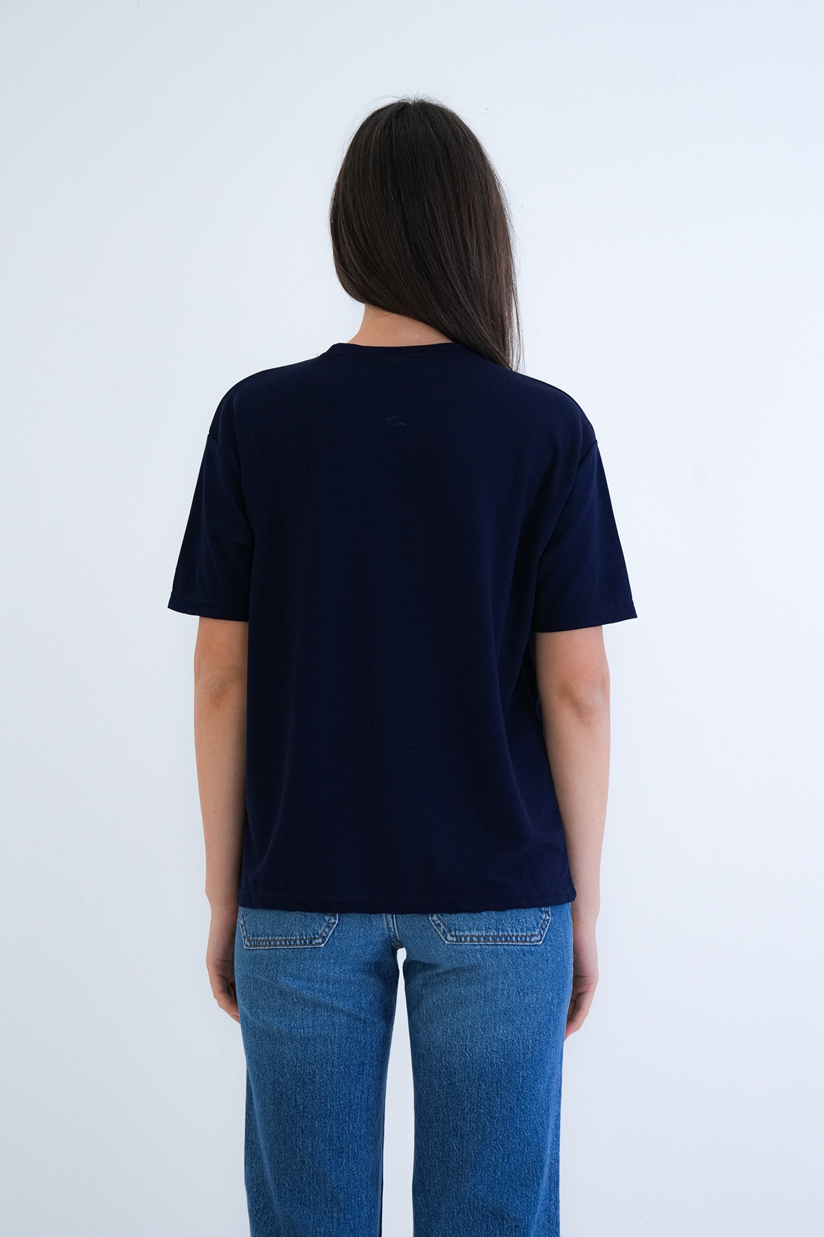 Kadın Lacivert Bisiklet Yaka Oversize T-Shirt Alc-X15262