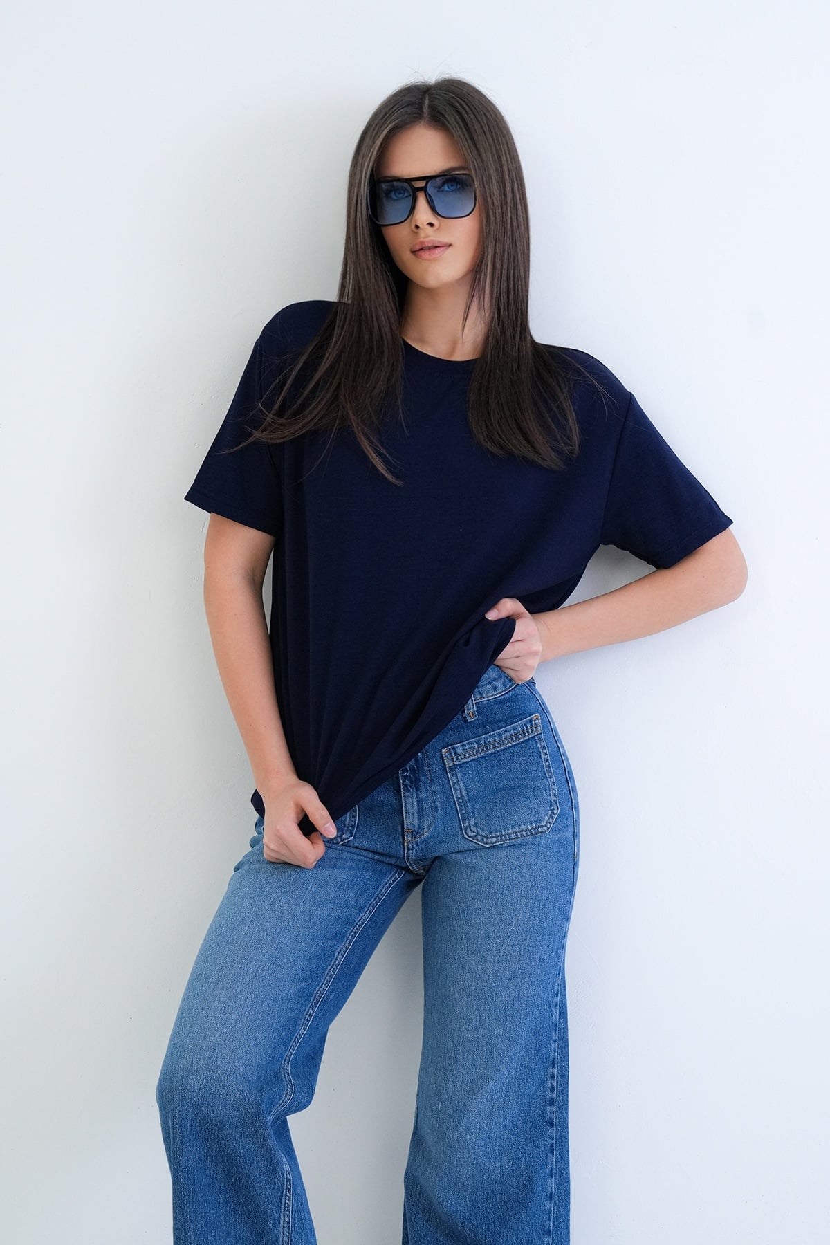 Kadın Lacivert Bisiklet Yaka Oversize T-Shirt Alc-X15262