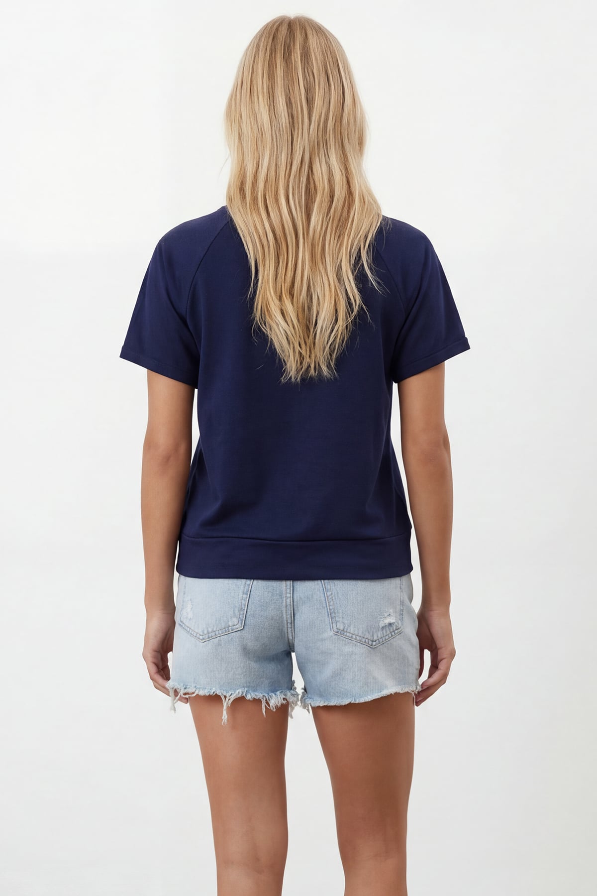 Kadın Lacivert Bisiklet Yaka Reglan Kol Oversize T-Shırt Alc-X15492