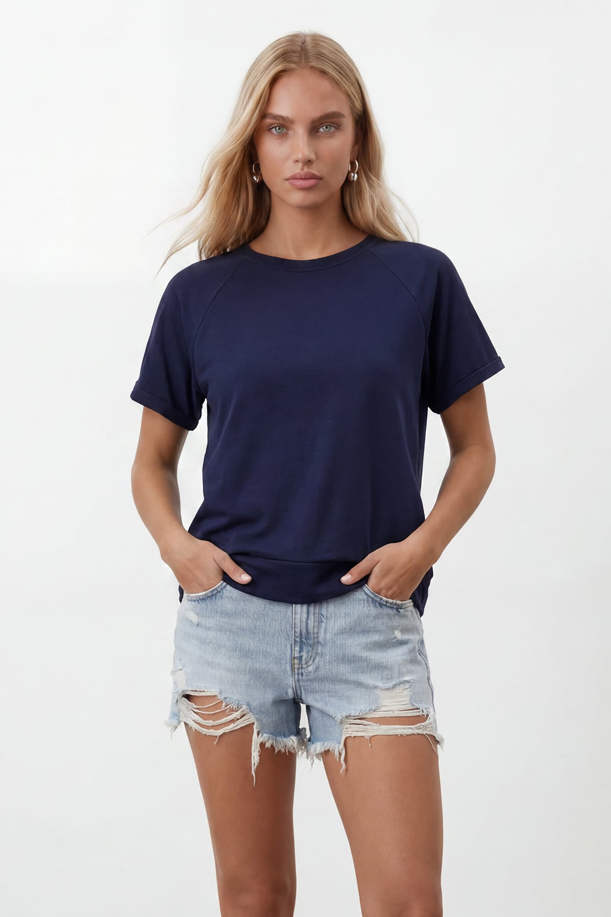 Kadın Lacivert Bisiklet Yaka Reglan Kol Oversize T-Shırt Alc-X15492