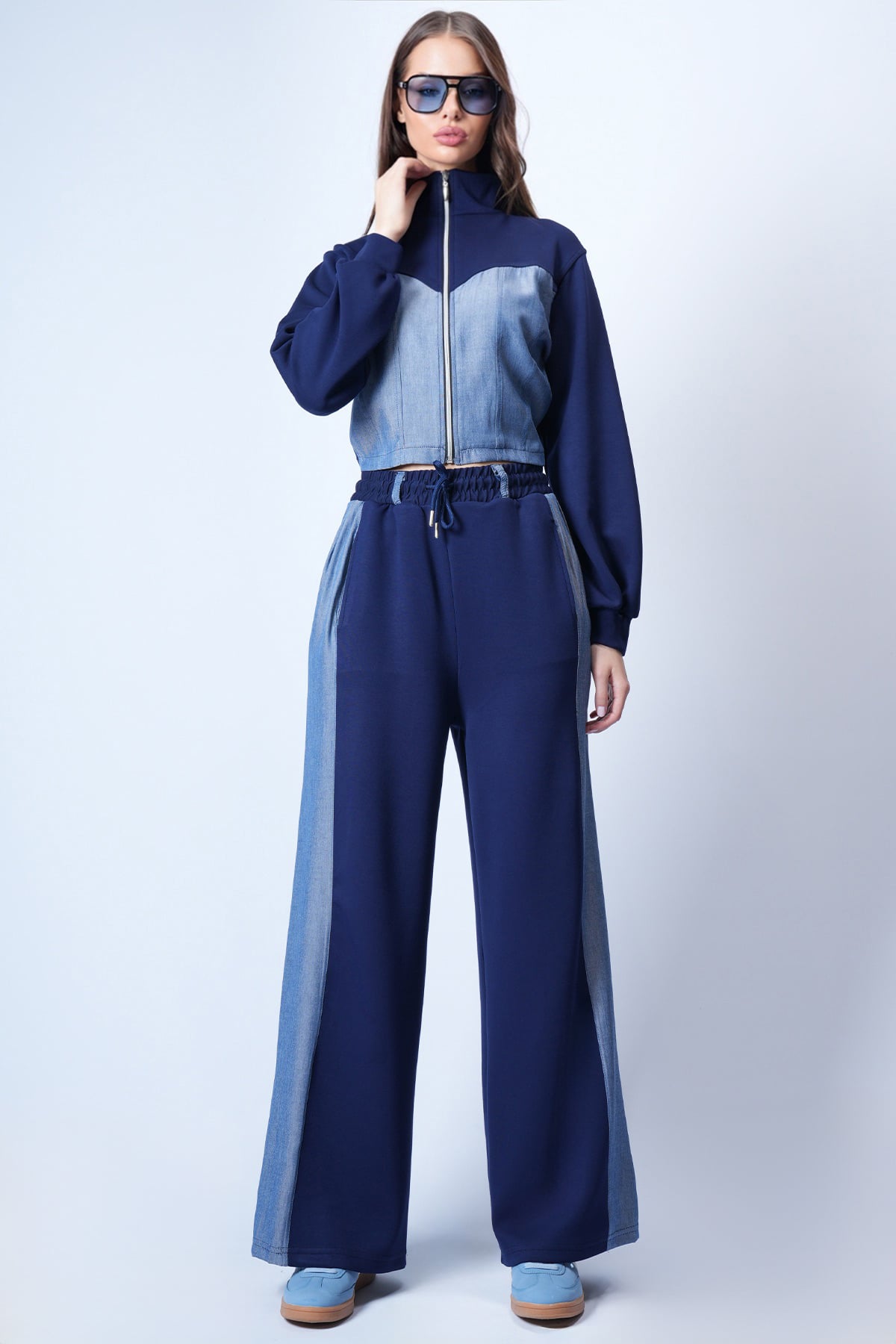 Kadın Lacivert Dik Yaka Dokuma Garnili Örme Crop Sweat Ve Çift Cepli Pantolon Takım Alc-X15087