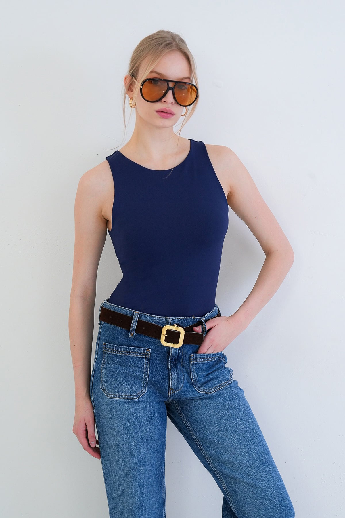 Kadın Lacivert Halter Yaka Slim Fit Sandy Bluz Alc-X13447
