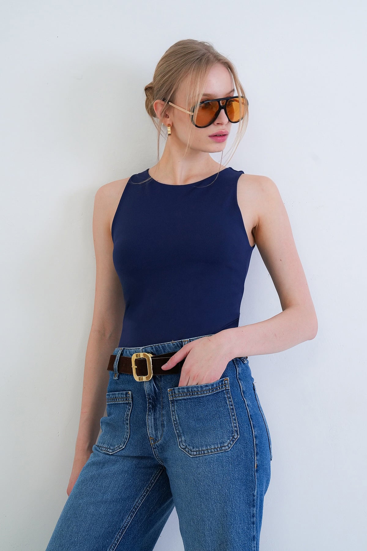 Kadın Lacivert Halter Yaka Slim Fit Sandy Bluz Alc-X13447