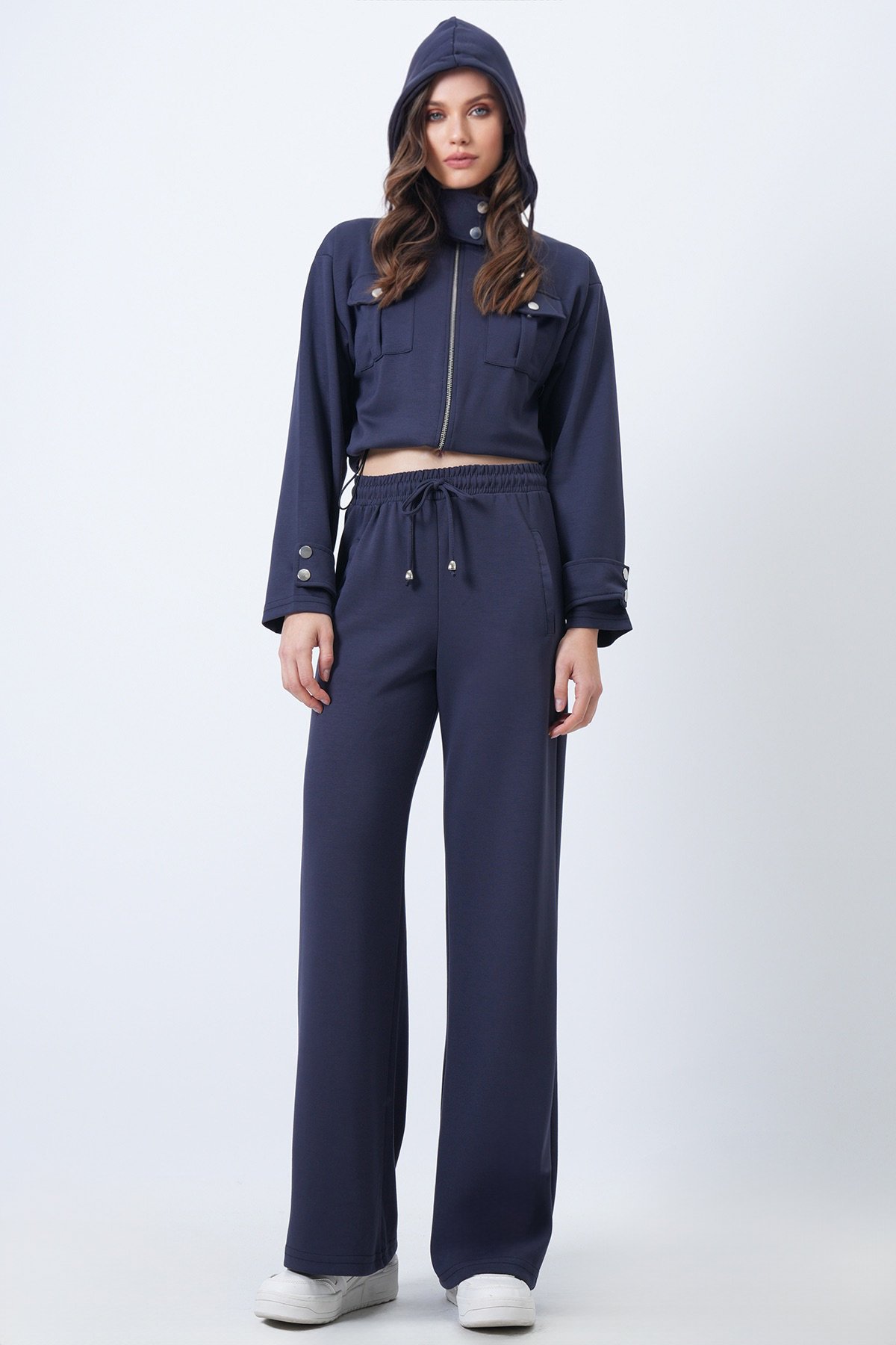Kadın Lacivert Kapüşonlu Çift Cepli Ceket Ve Beli Lastikli Pantolon Takım Vs01710