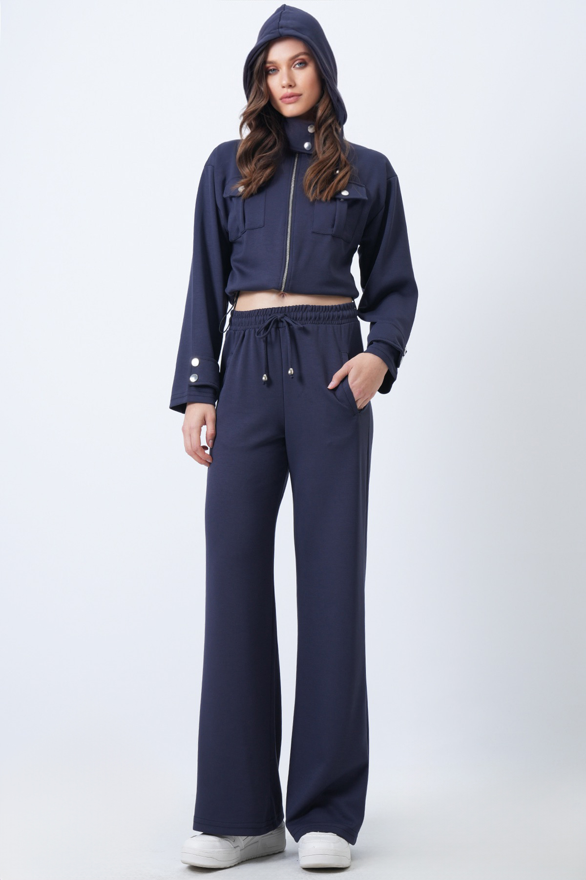 Kadın Lacivert Kapüşonlu Çift Cepli Ceket Ve Beli Lastikli Pantolon Takım Vs01710