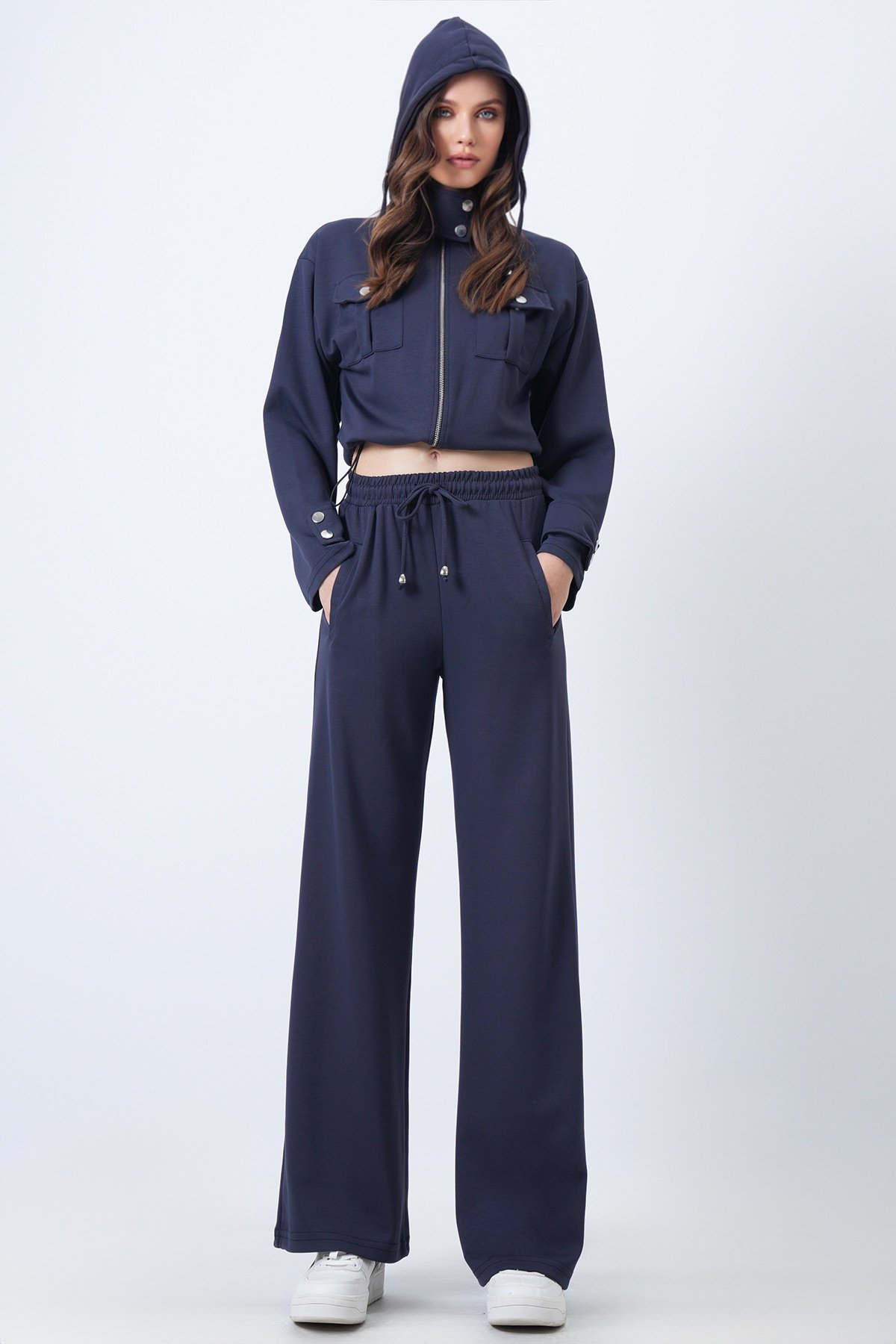 Kadın Lacivert Kapüşonlu Çift Cepli Ceket Ve Beli Lastikli Pantolon Takım Vs01710