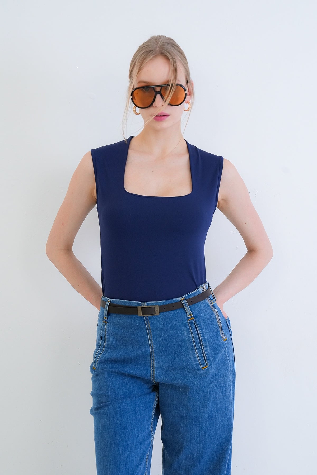 Kadın Lacivert Kare Yaka Kalın Askılı Sandy Bluz Alc-X13449