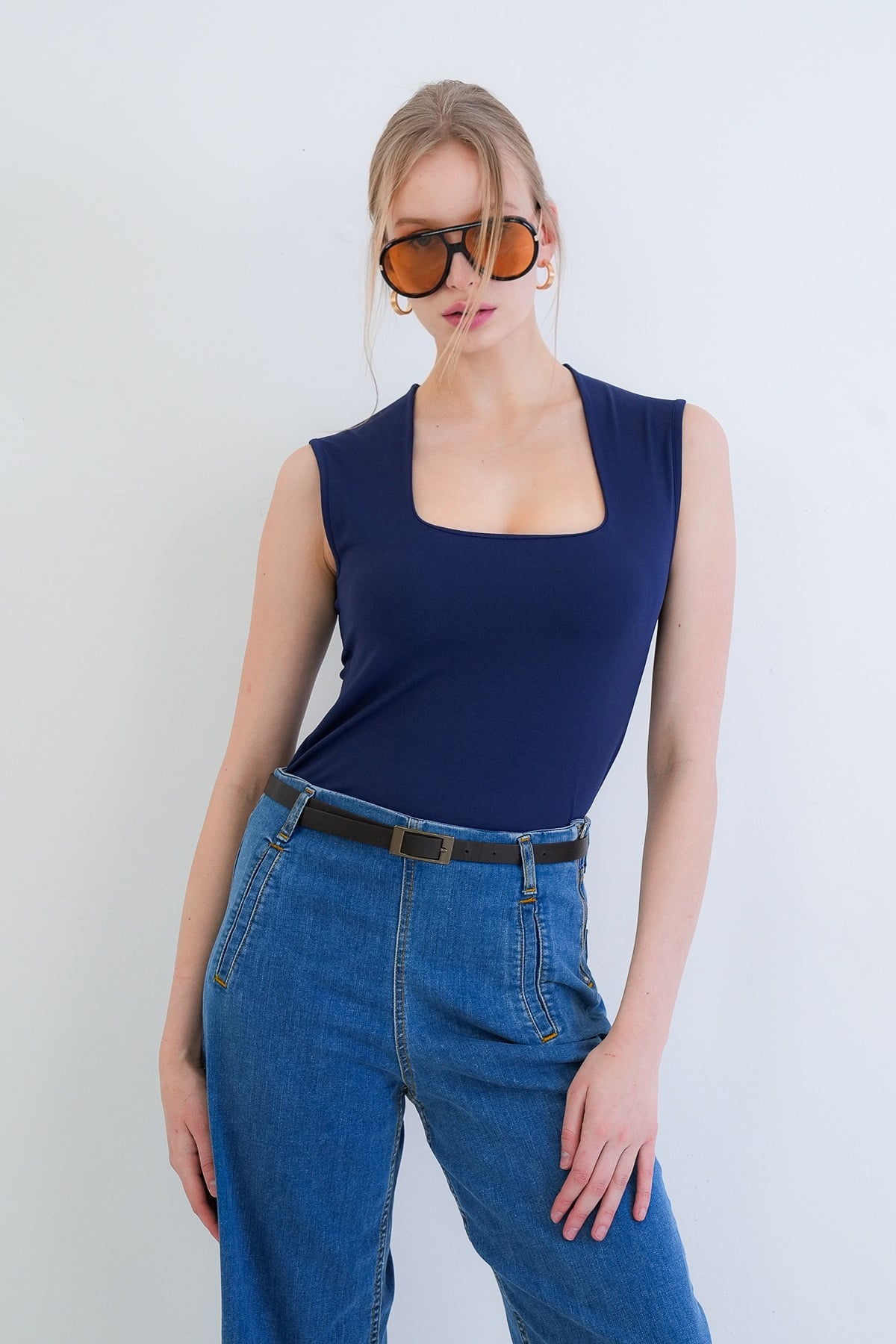 Kadın Lacivert Kare Yaka Kalın Askılı Sandy Bluz Alc-X13449