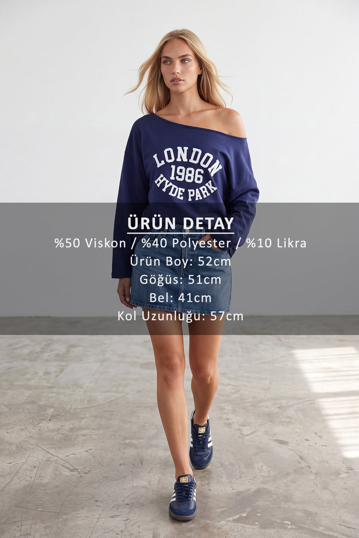 Kadın Lacivert Kayık Yaka Baskılı Modal Sweatshirt Alc-X15728