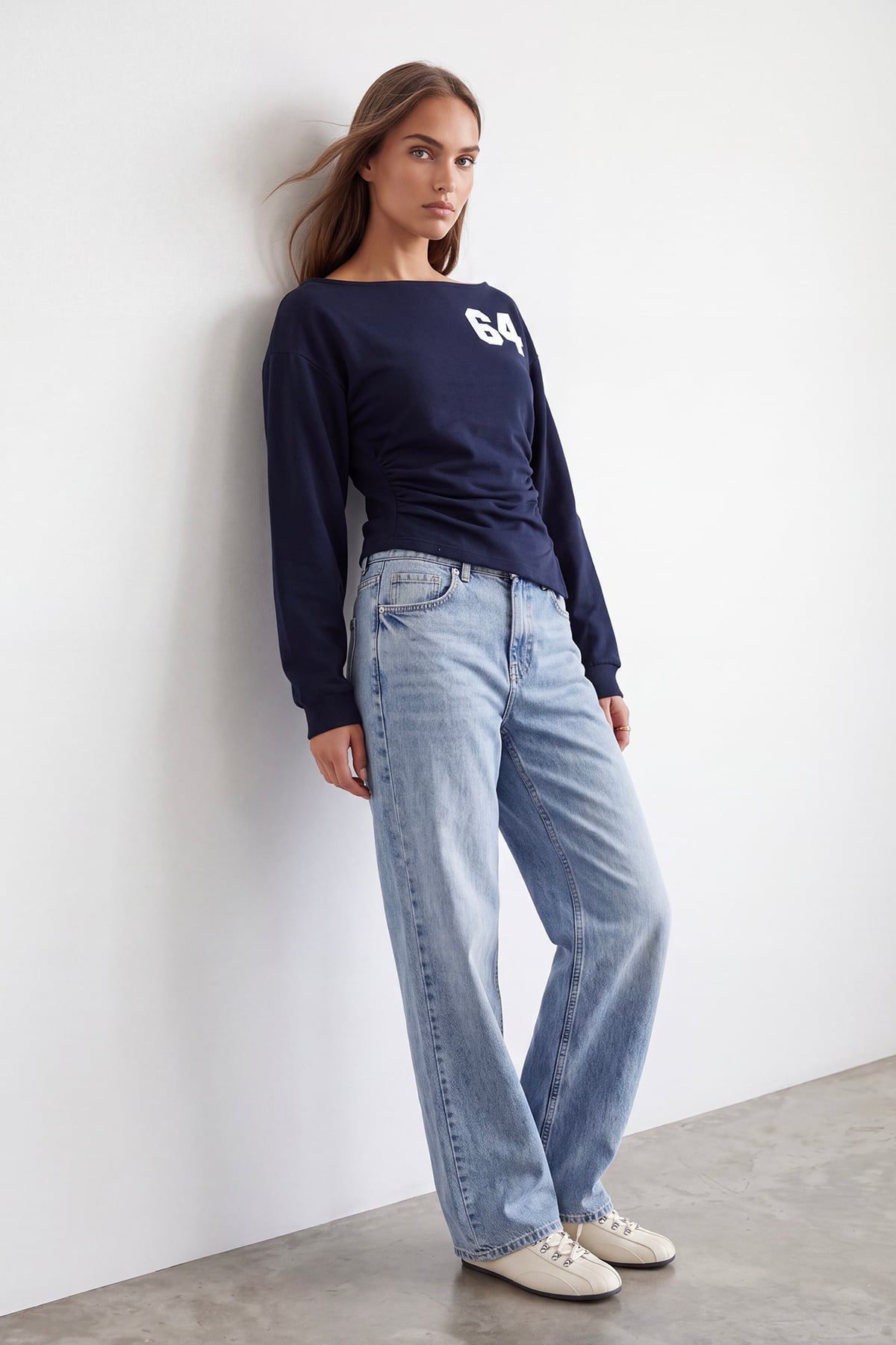 Kadın Lacivert Kayık Yaka Ön Arka Baskılı Dırape Detaylı Üç İplik Sweatshirt Alc-X15959