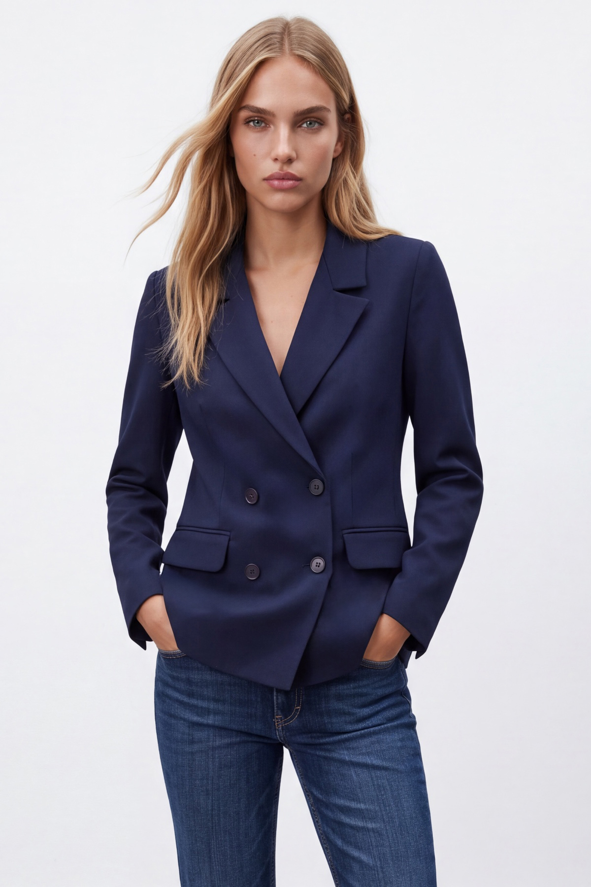 Kadın Lacivert Kruvaze Yaka Düğmeli Blazer Ceket Alc-X15732