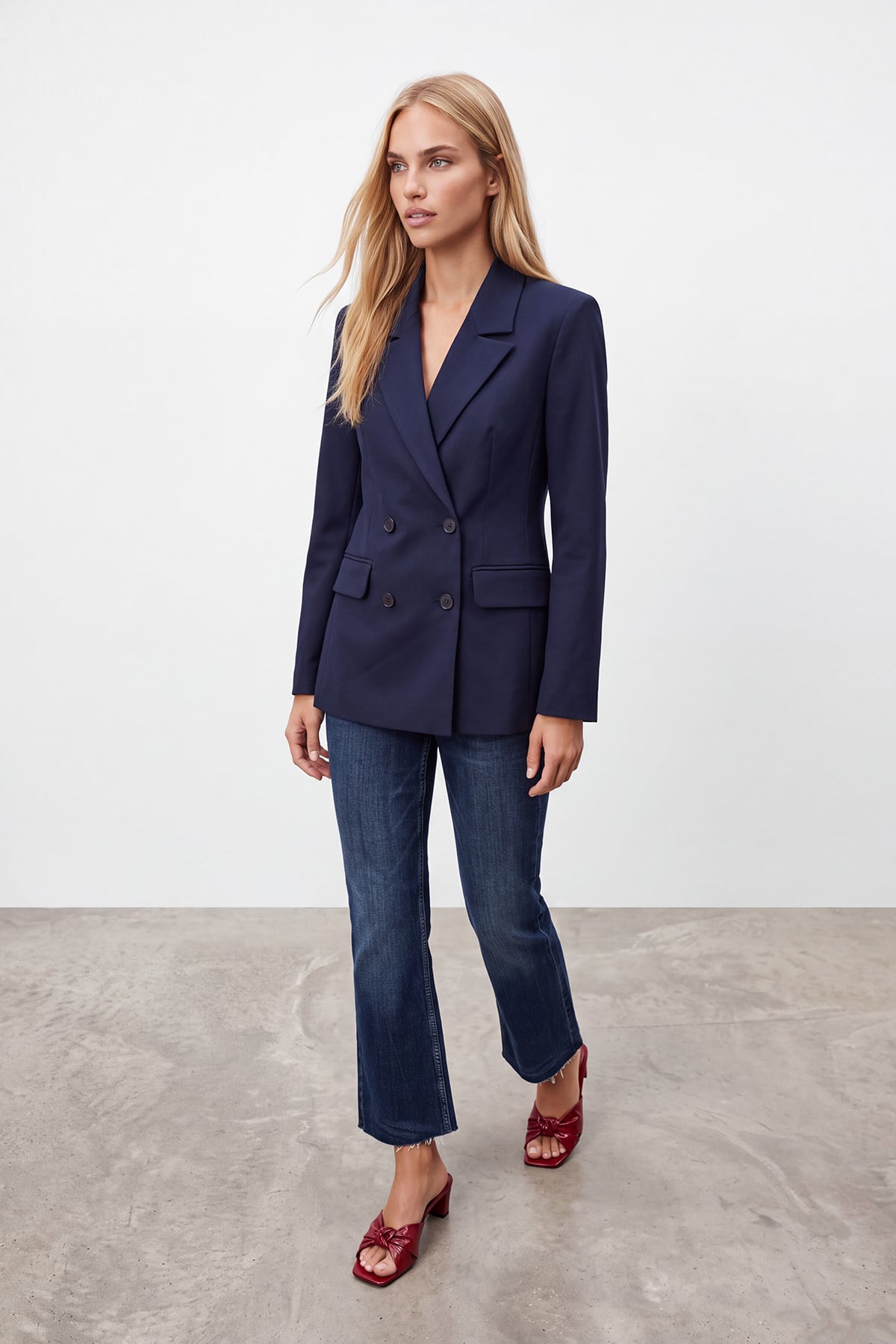 Kadın Lacivert Kruvaze Yaka Düğmeli Blazer Ceket Alc-X15732