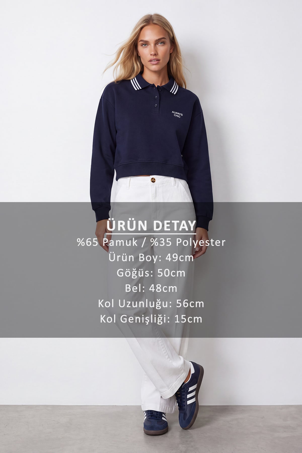 Kadın Lacivert Ribana Polo Yakalı Nakış Detaylı Şardonlu Üç İplik Sweatshirt Alc-X15960