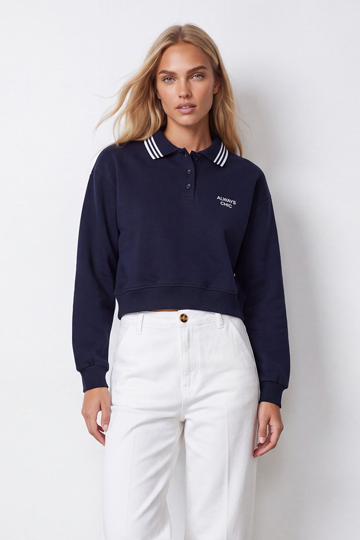 Kadın Lacivert Ribana Polo Yakalı Nakış Detaylı Şardonlu Üç İplik Sweatshirt Alc-X15960