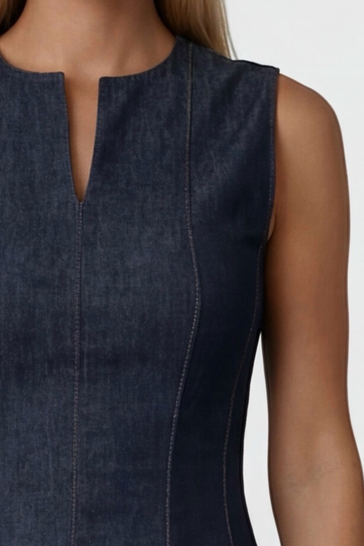 Kadın Lacivert Yırtmaç Yaka Belden Oturtmalı Mini Boy Jean Elbise Alc-X15470