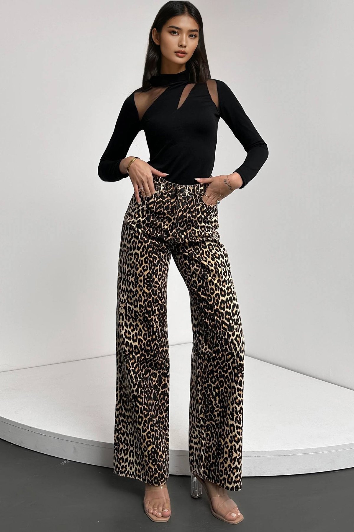 Kadın Leopar Yüksek Bel Desenli Palazzo Jean Pantolon Alc-X14771