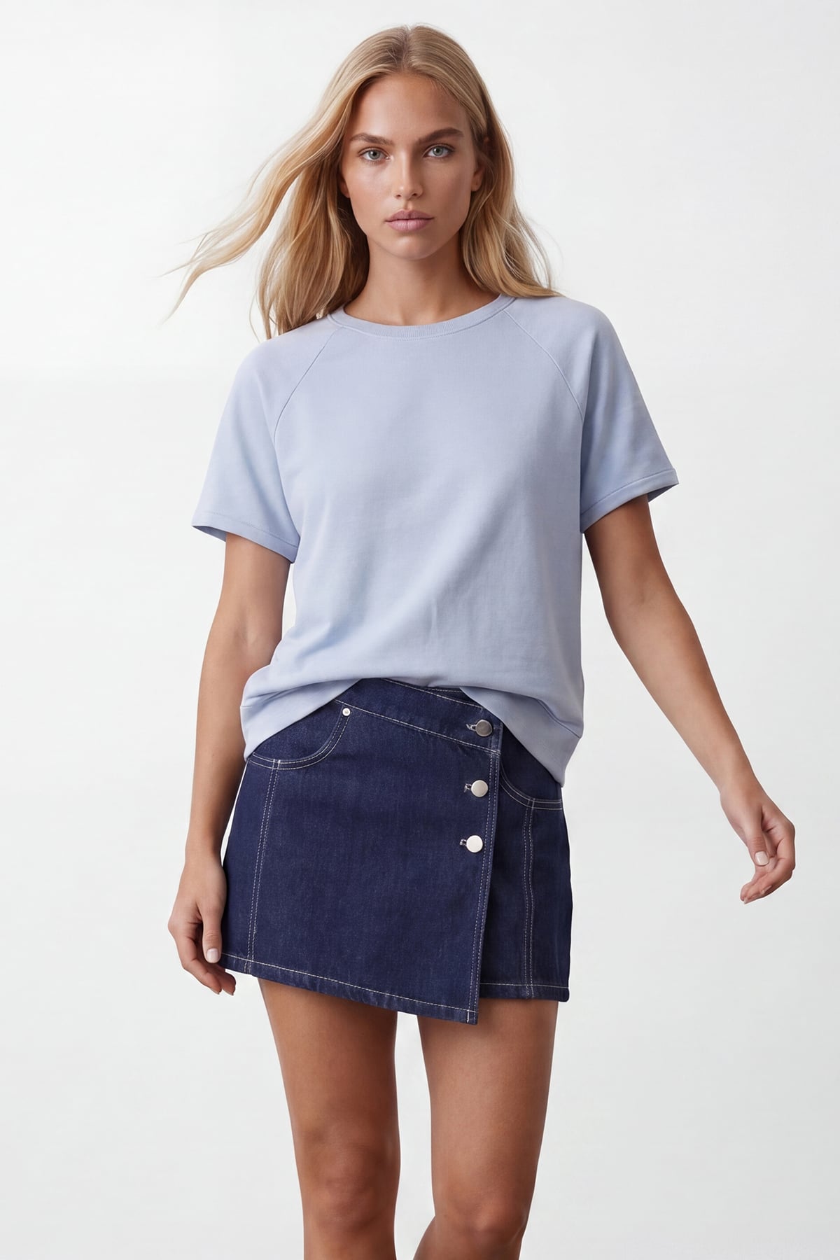 Kadın Mavi Bisiklet Yaka Reglan Kol Oversize T-Shırt Alc-X15492