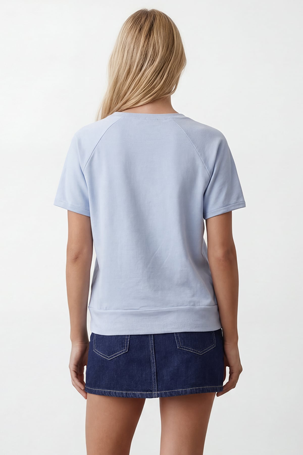 Kadın Mavi Bisiklet Yaka Reglan Kol Oversize T-Shırt Alc-X15492