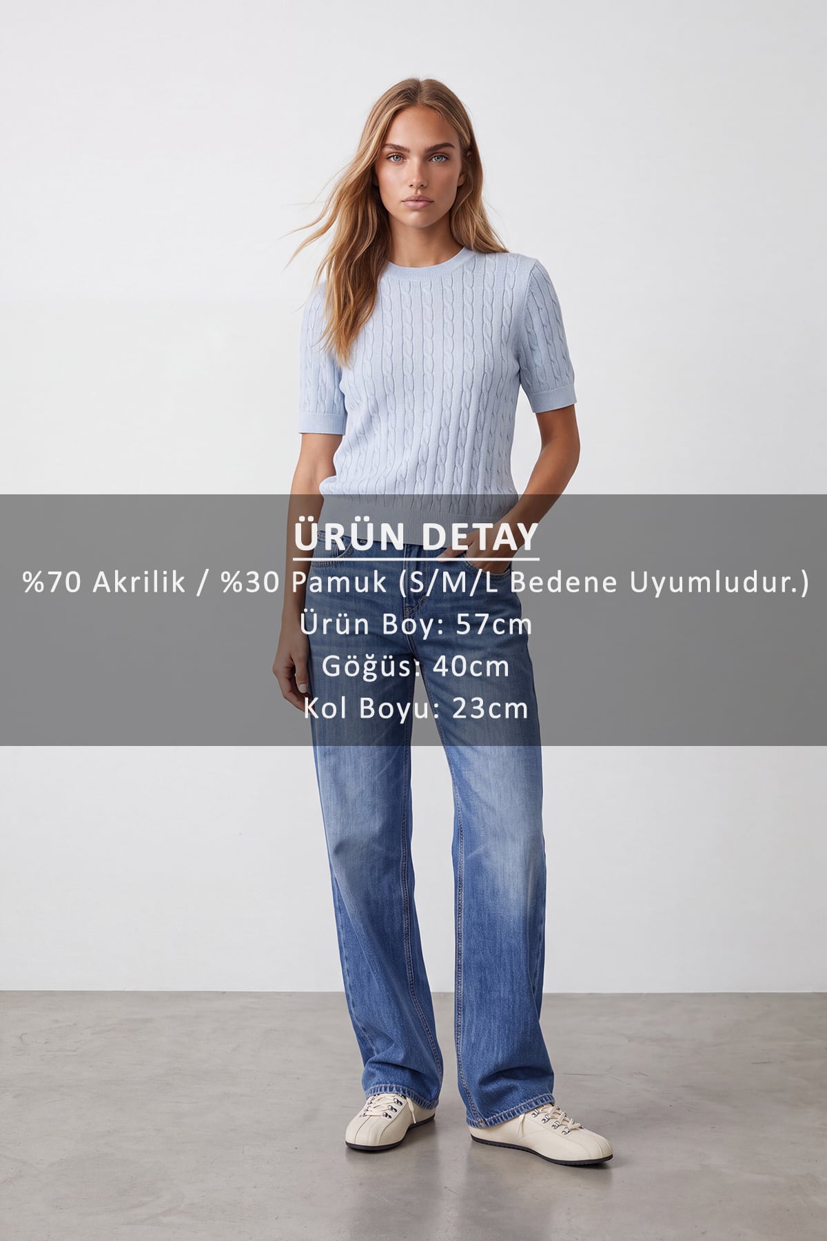 Kadın Mavi Bisiklet Yaka Yumuşak Dokulu Kendinden Simli Triko Bluz Alc-X15768