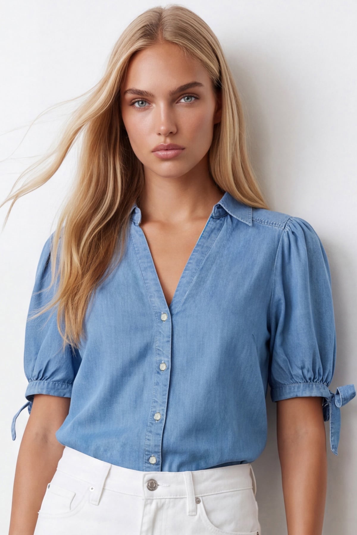Kadın Mavi Kolları Bağlama Detaylı Denim Gömlek Alc-X15595